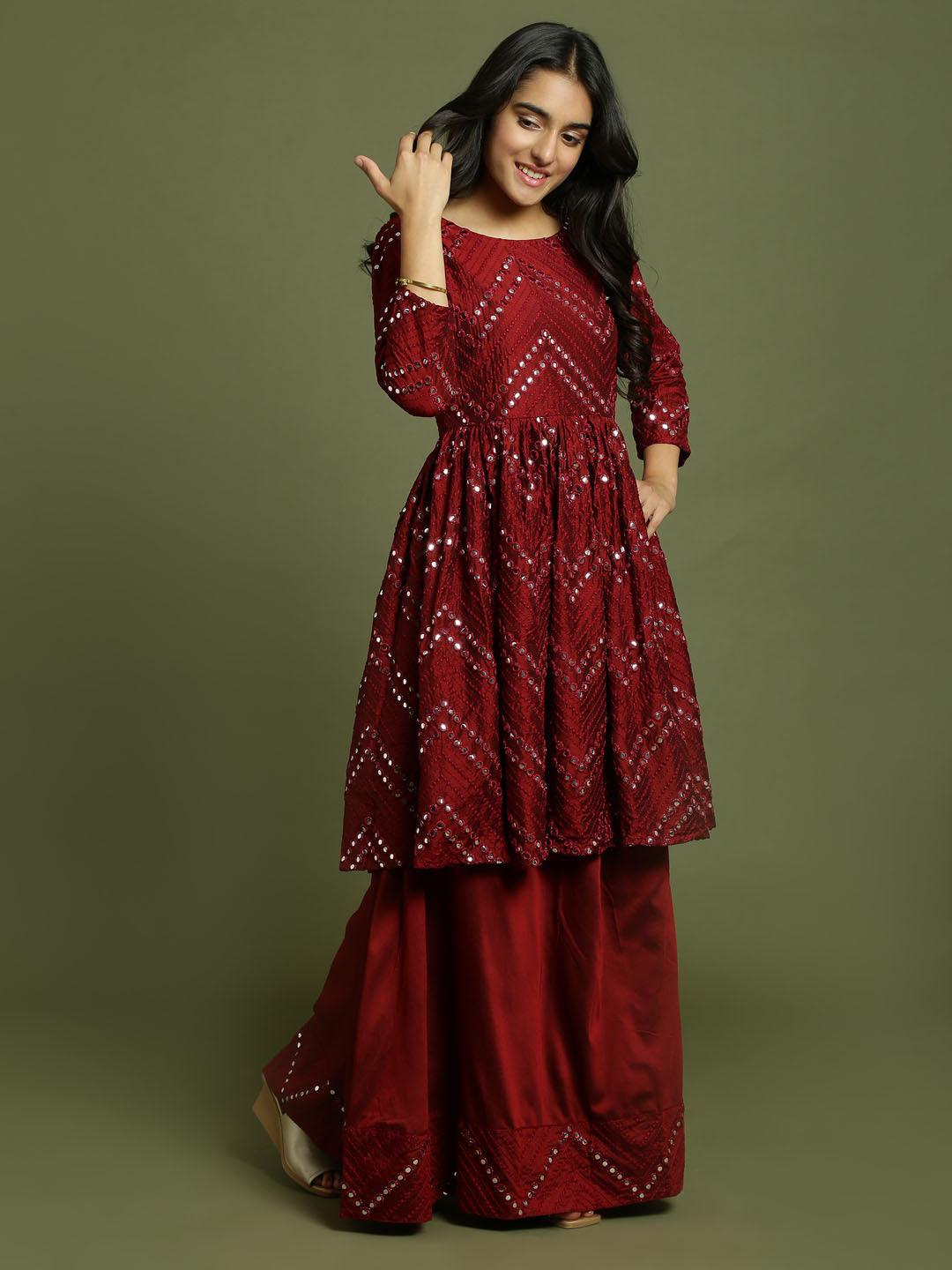 Yuva By VASTRAMAY Girl's Maroon Mirror Work Flared Kurta And Long Skirt Set - qivii