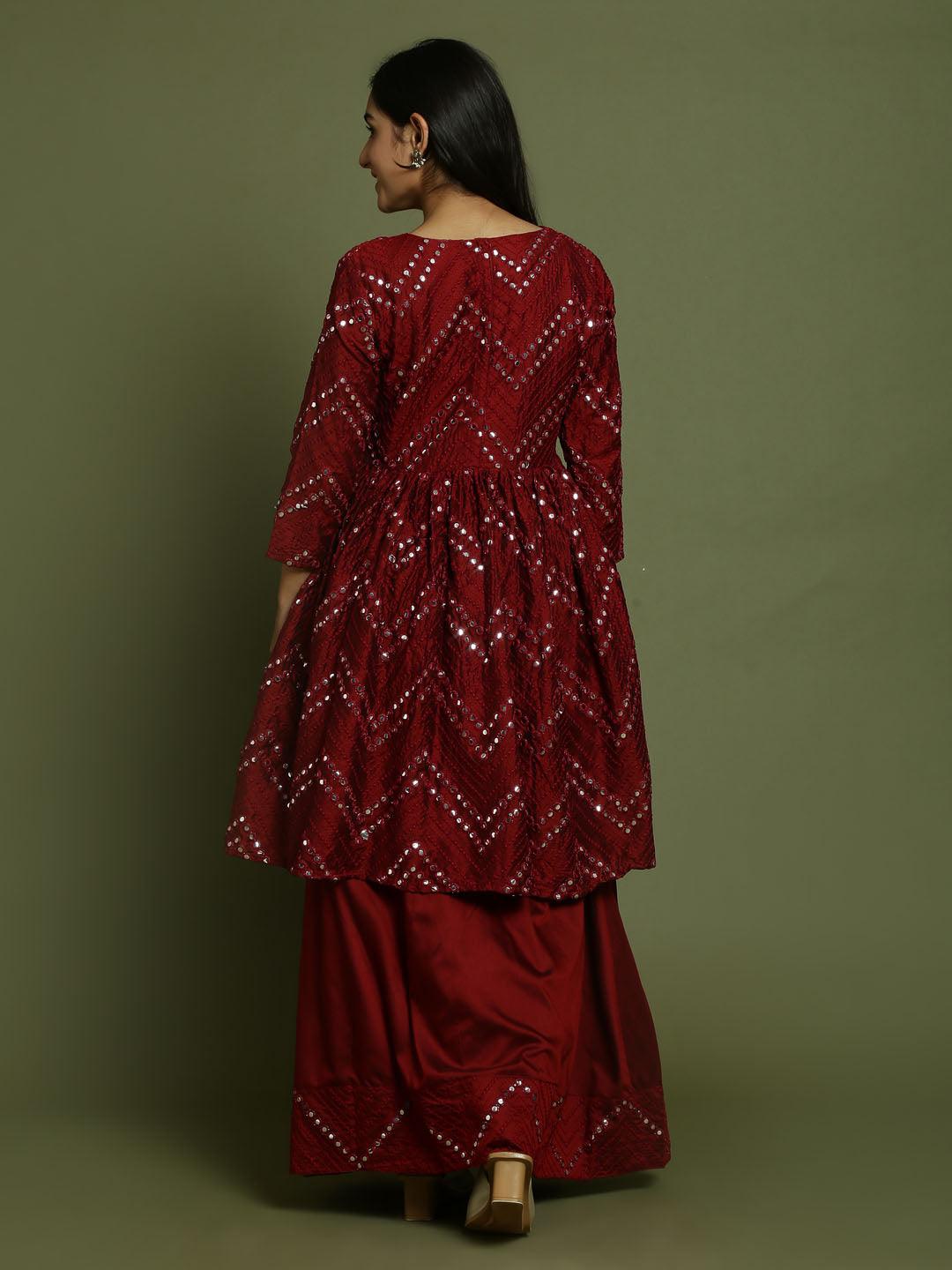 Yuva By VASTRAMAY Girl's Maroon Mirror Work Flared Kurta And Long Skirt Set - qivii