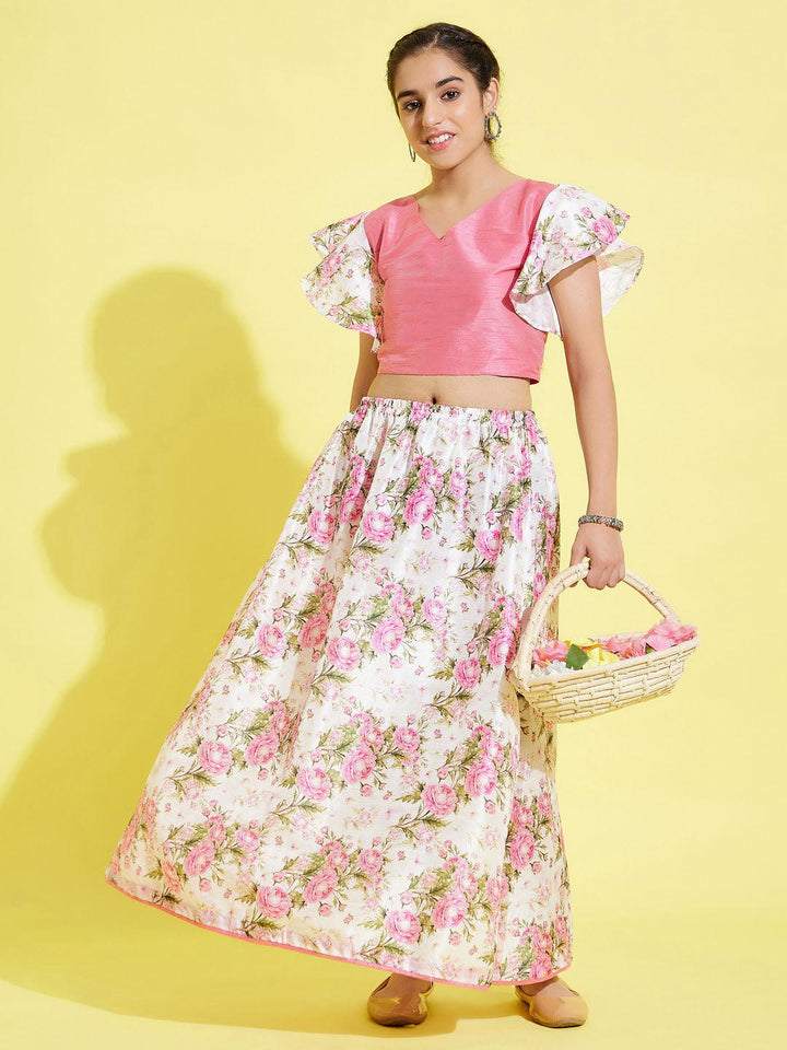 YUVA BY VASTRAMAY Girl's Printed Skirt And Ruffle Crop Top Set - qivii