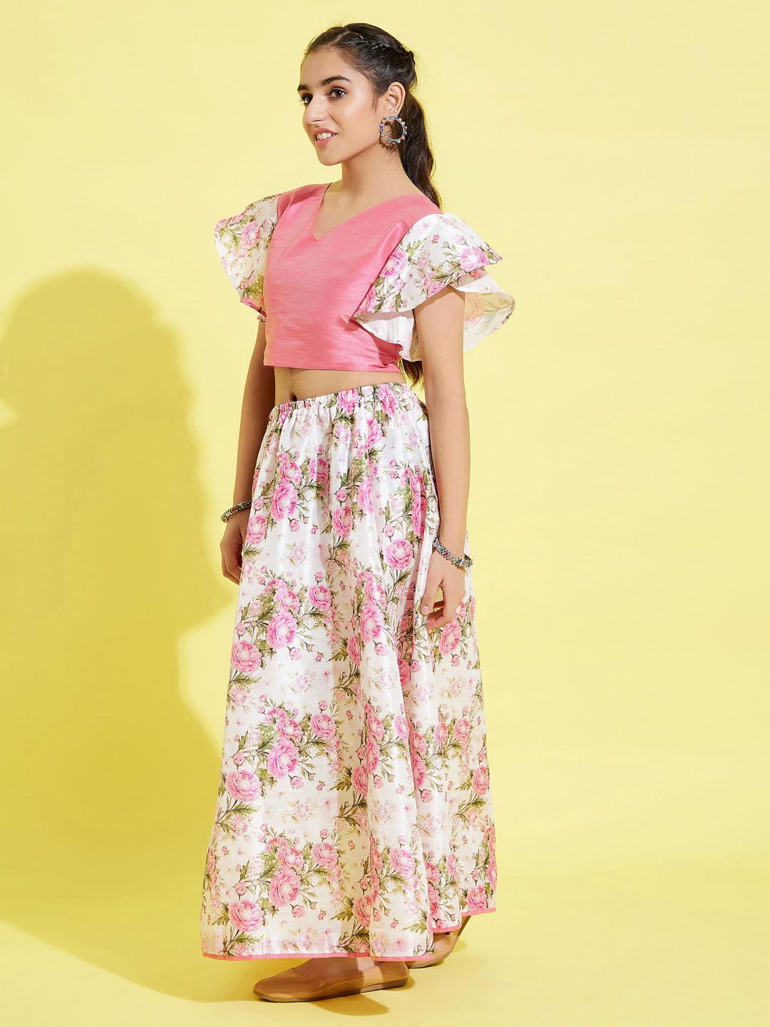 YUVA BY VASTRAMAY Girl's Printed Skirt And Ruffle Crop Top Set - qivii