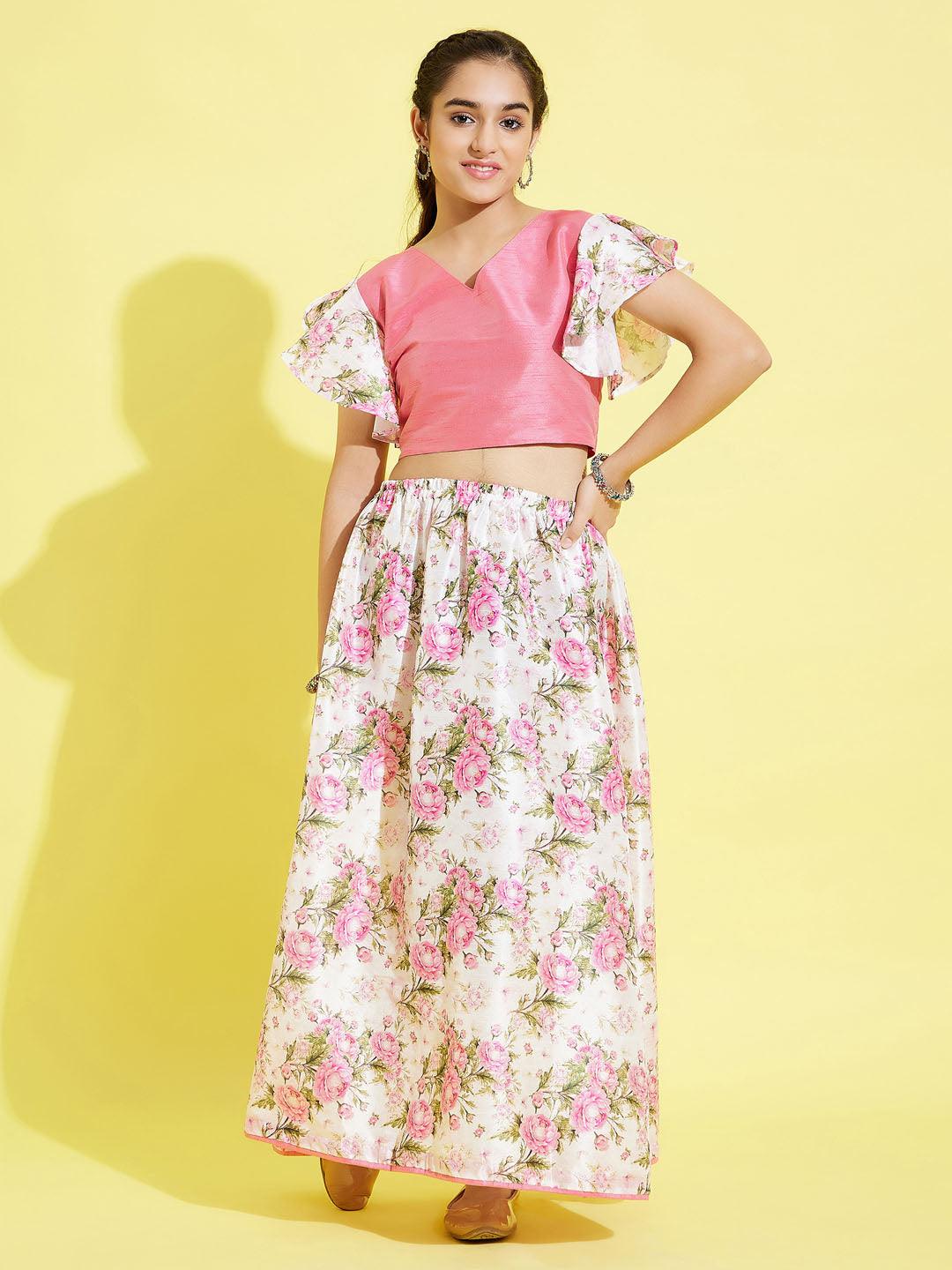 YUVA BY VASTRAMAY Girl's Printed Skirt And Ruffle Crop Top Set - qivii