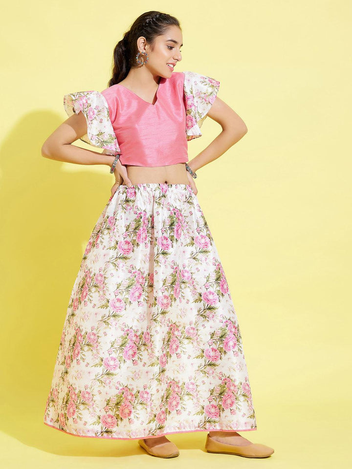 YUVA BY VASTRAMAY Girl's Printed Skirt And Ruffle Crop Top Set - qivii