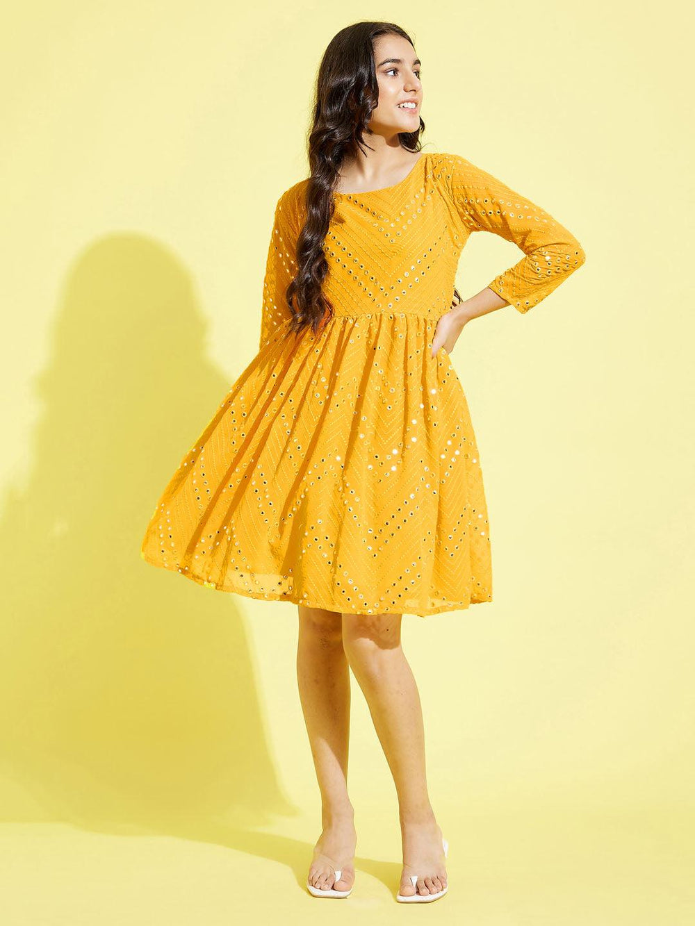 YUVA BY VASTRAMAY Girl's Yellow Mirror Kurta - qivii