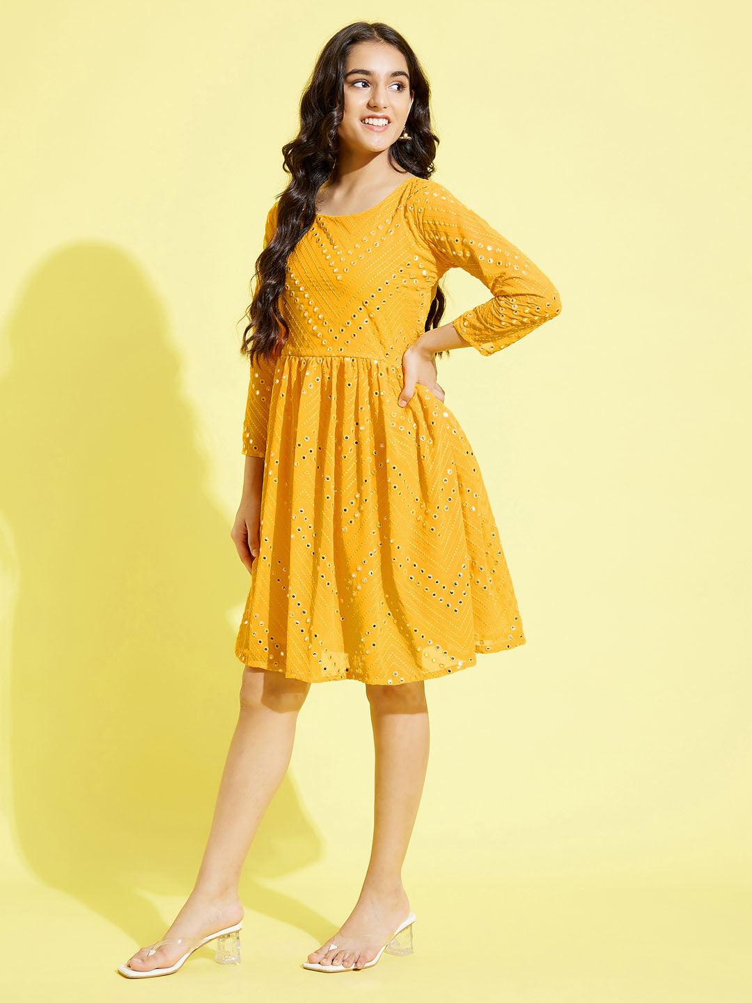 YUVA BY VASTRAMAY Girl's Yellow Mirror Kurta - qivii