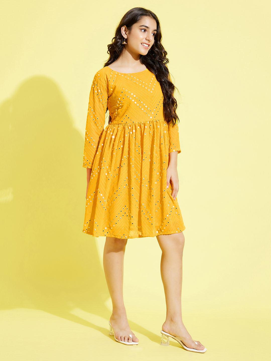 YUVA BY VASTRAMAY Girl's Yellow Mirror Kurta - qivii