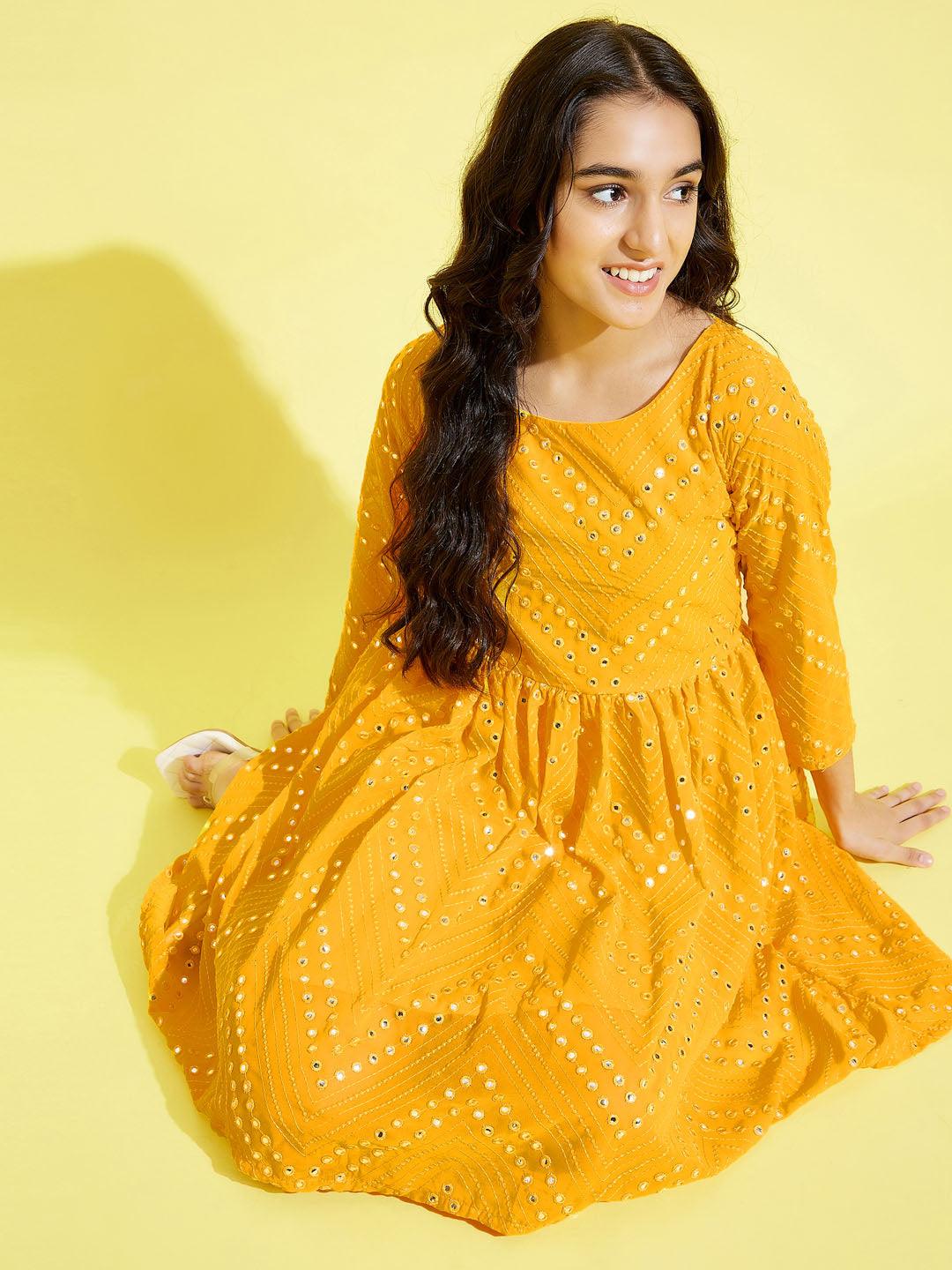 YUVA BY VASTRAMAY Girl's Yellow Mirror Kurta - qivii