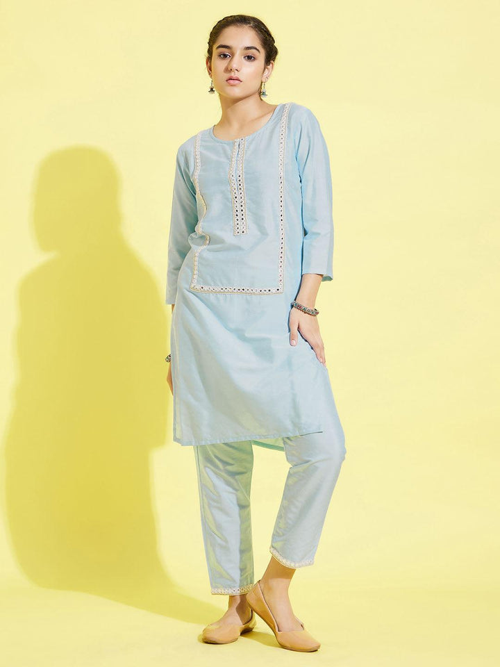 YUVA BY VASTRAMAY Girls' Aqua Viscose Kurta And Straight Pant Set - qivii