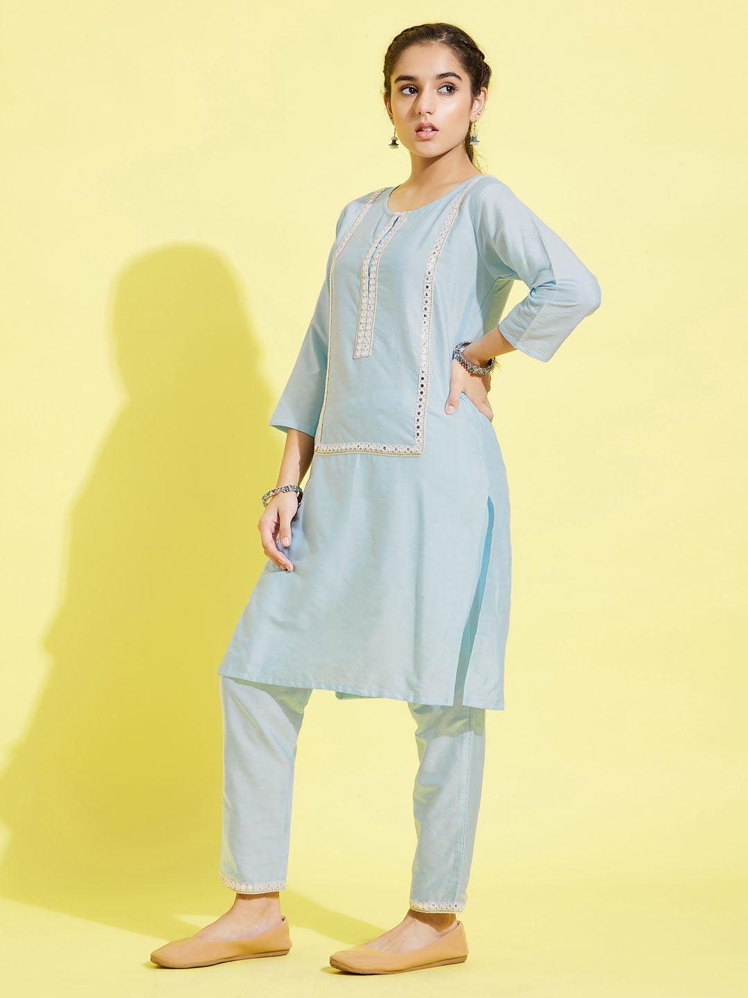 YUVA BY VASTRAMAY Girls' Aqua Viscose Kurta And Straight Pant Set - qivii