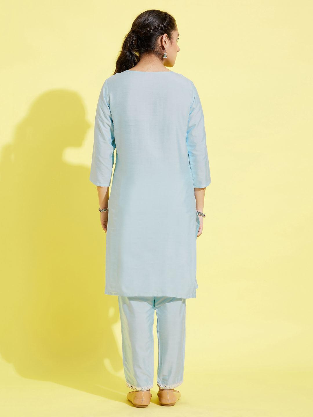 YUVA BY VASTRAMAY Girls' Aqua Viscose Kurta And Straight Pant Set - qivii