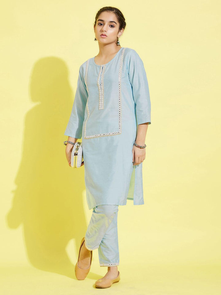 YUVA BY VASTRAMAY Girls' Aqua Viscose Kurta And Straight Pant Set - qivii