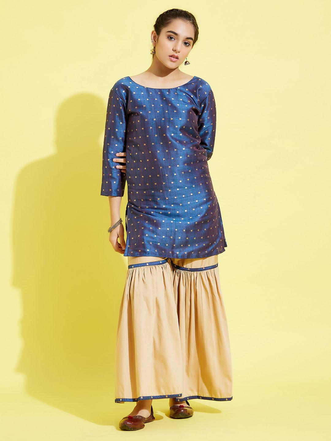 YUVA BY VASTRAMAY Girls' Blue Zari Kurta And Rose Gold Sharara Set - qivii