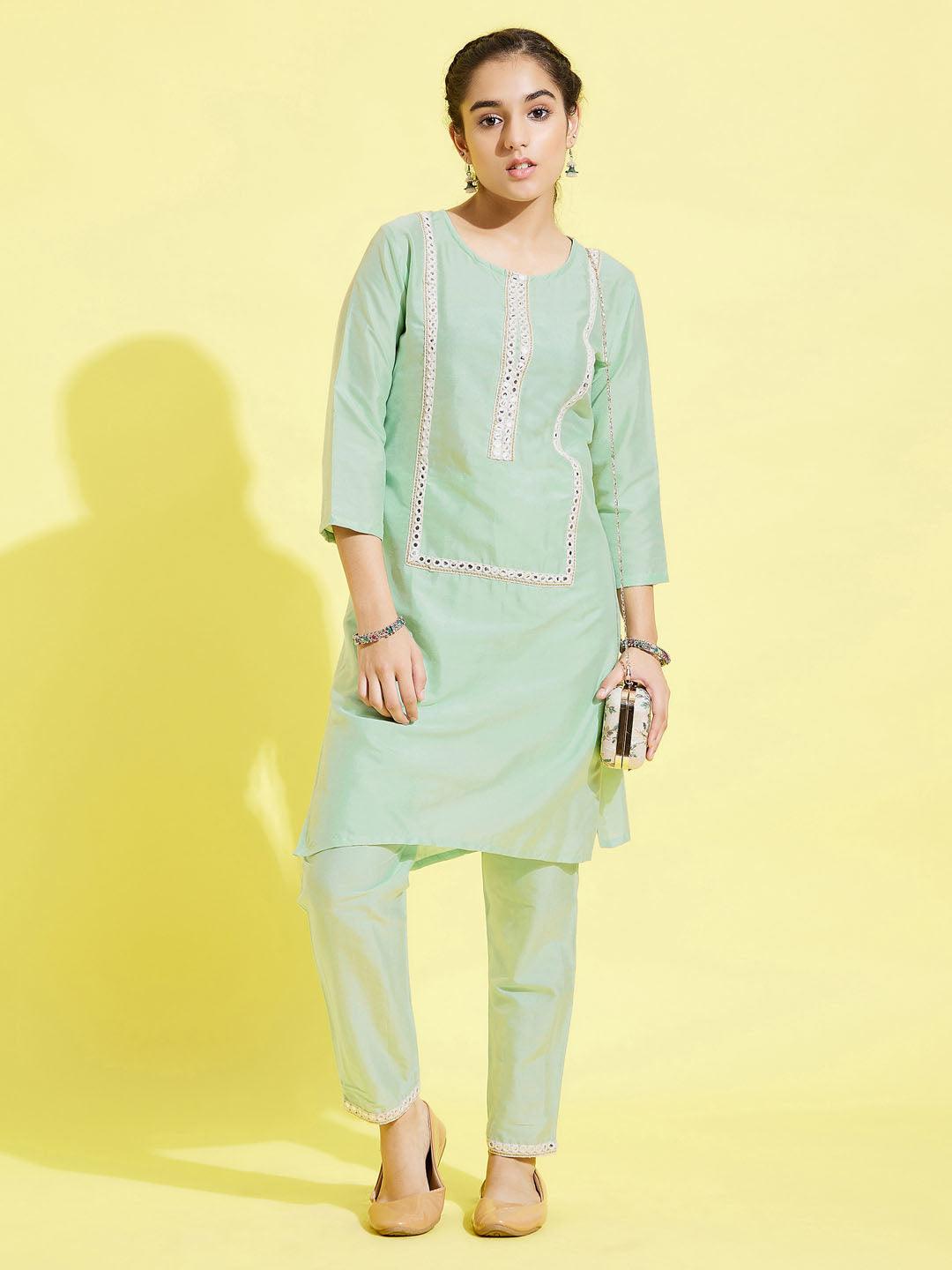 YUVA BY VASTRAMAY Girls' Mint Green Viscose Kurta And Straight Pant Set - qivii