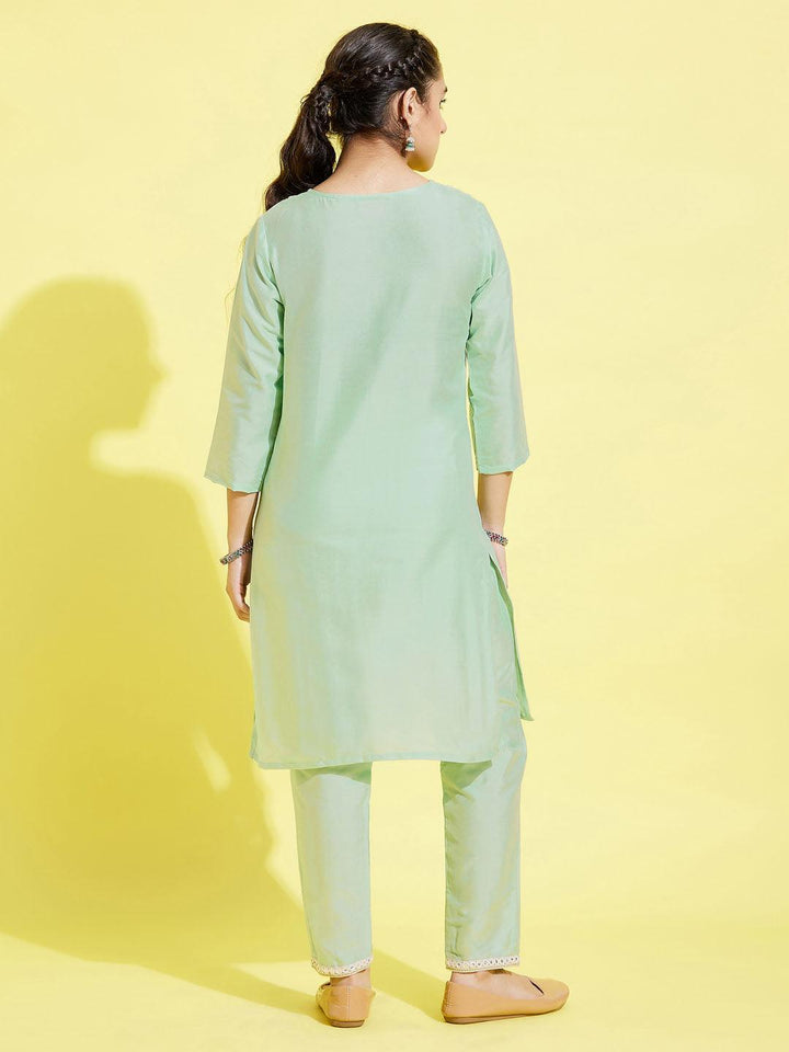 YUVA BY VASTRAMAY Girls' Mint Green Viscose Kurta And Straight Pant Set - qivii