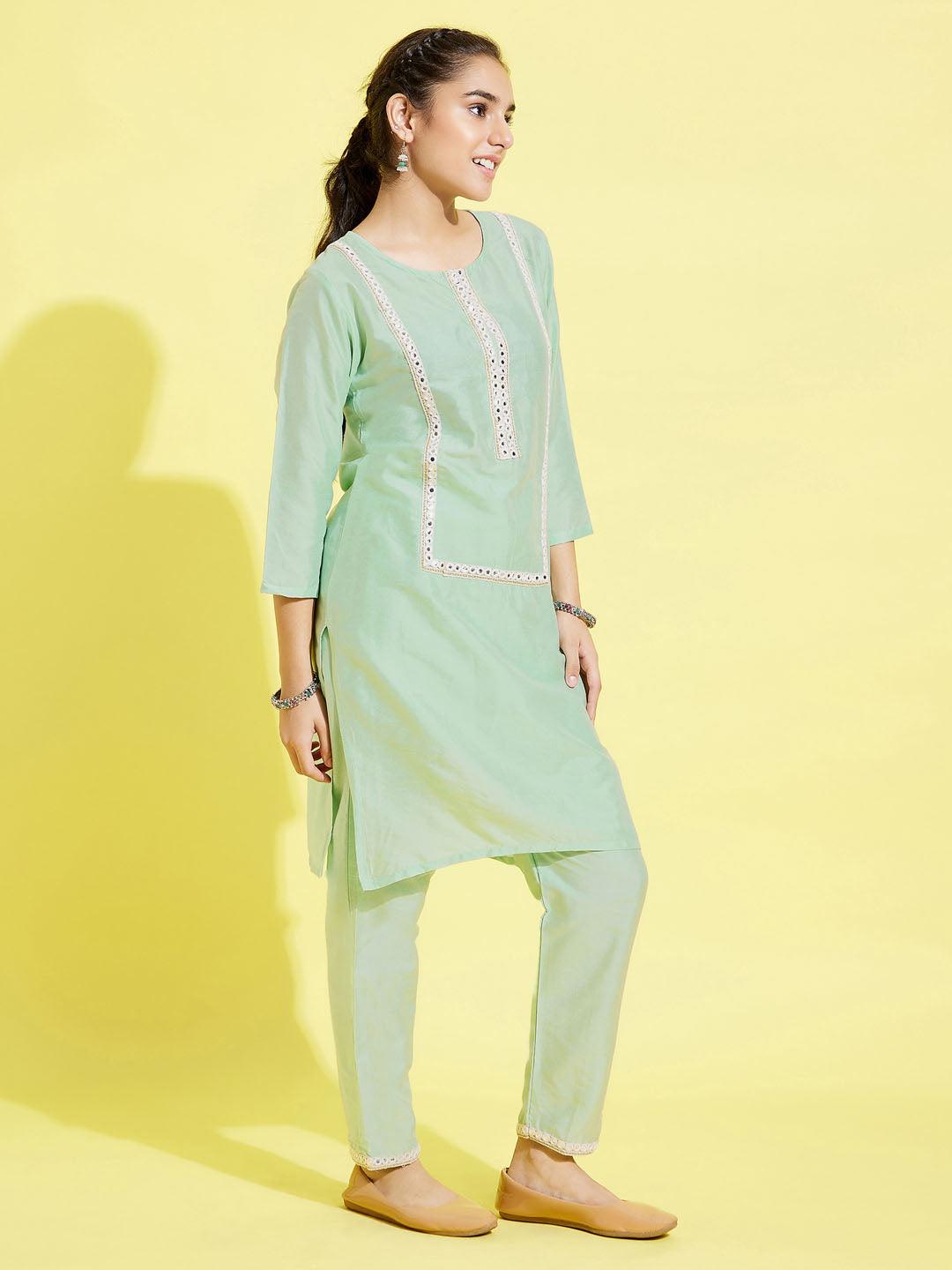 YUVA BY VASTRAMAY Girls' Mint Green Viscose Kurta And Straight Pant Set - qivii