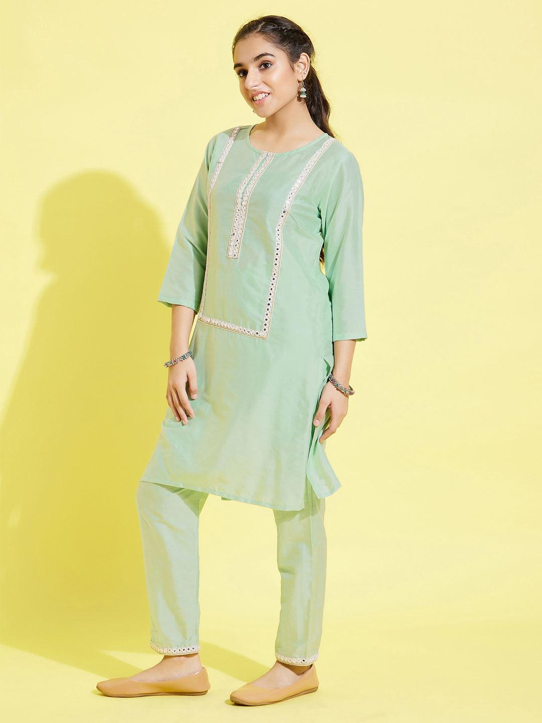 YUVA BY VASTRAMAY Girls' Mint Green Viscose Kurta And Straight Pant Set - qivii