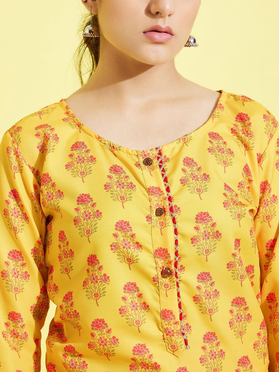 YUVA BY VASTRAMAY Girls' Mustard And Cream Printed Linen Kurta And Patiala Set - qivii