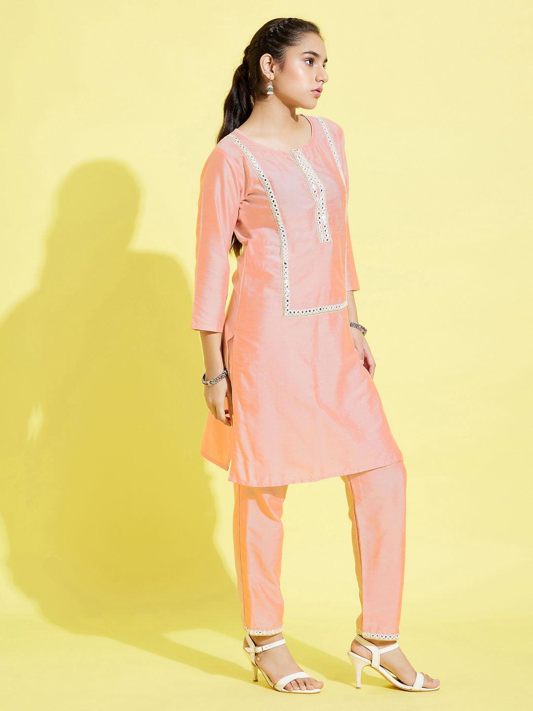 YUVA BY VASTRAMAY Girls' Pink Viscose Kurta And Straight Pant Set - qivii