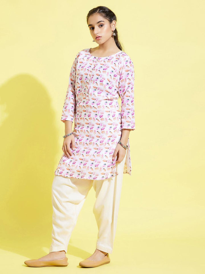 YUVA BY VASTRAMAY Girls' White Floral Printed Linen Kurta And Cream Patiala Set - qivii