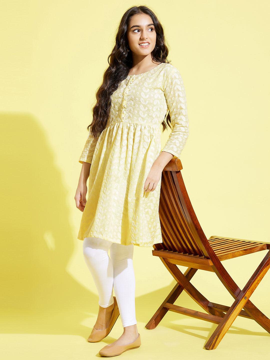 YUVA BY VASTRAMAY Girls' Yellow Pure Cotton Chikankari kurta With Leggings Set - qivii