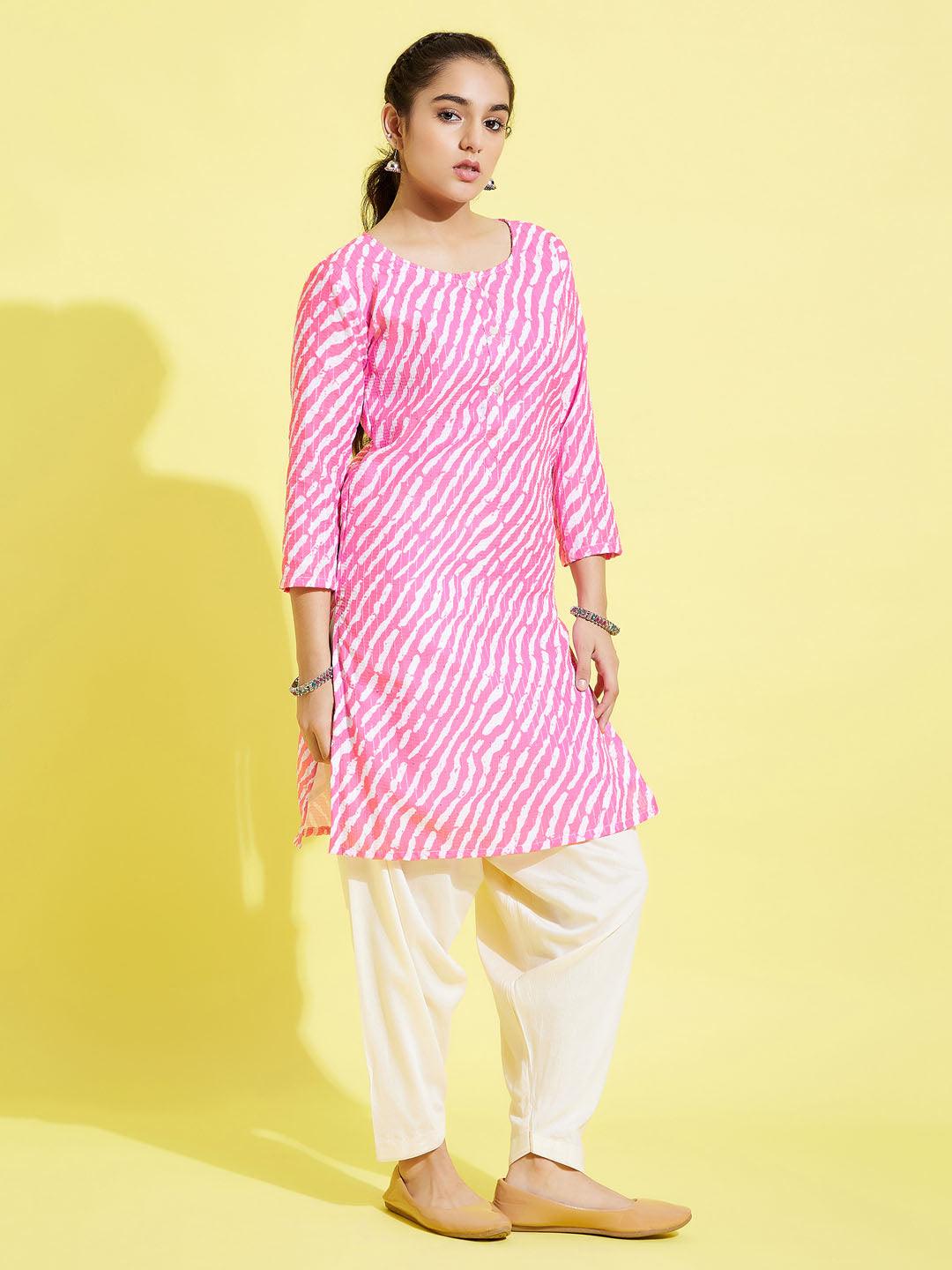 YUVA BY VSATRAMAY Girls' Pink Printed Kurta & Cream Patiala Set - qivii