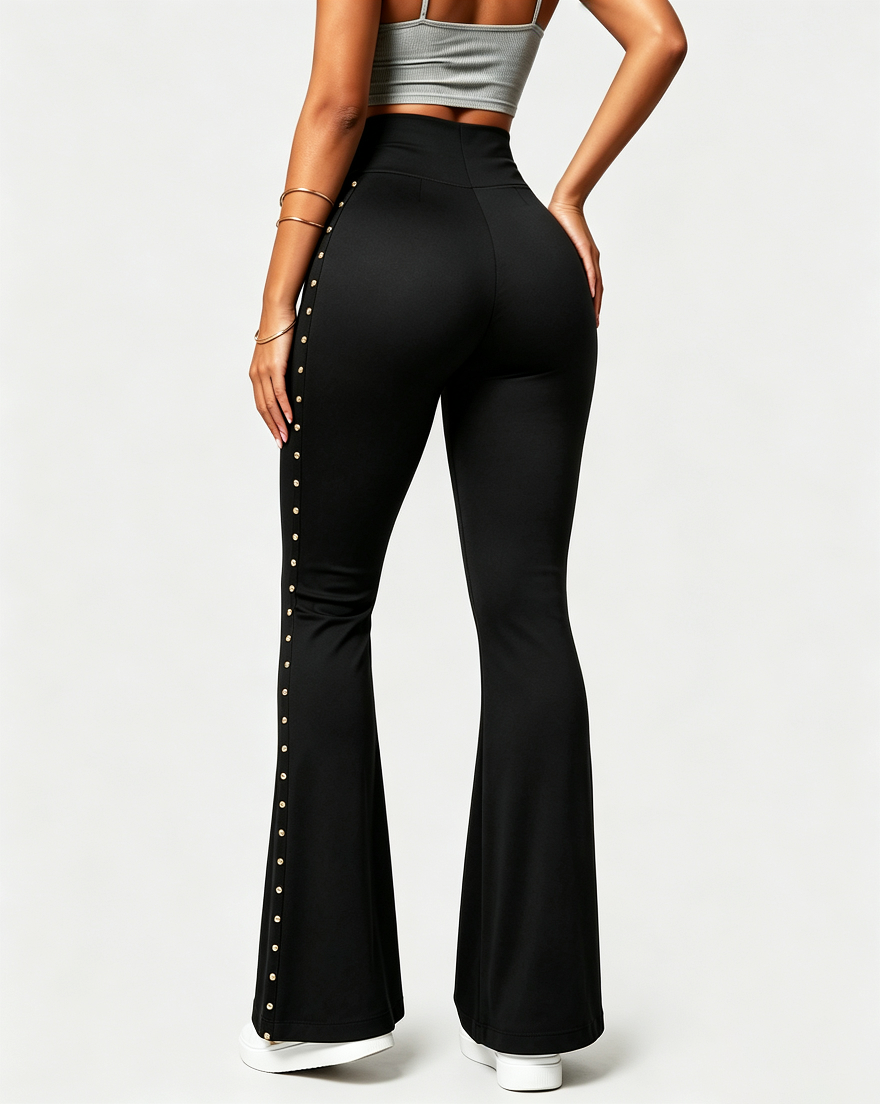 High Waist Studded Zipper Flared Tummy Control Shaping Pants  - By Qivii