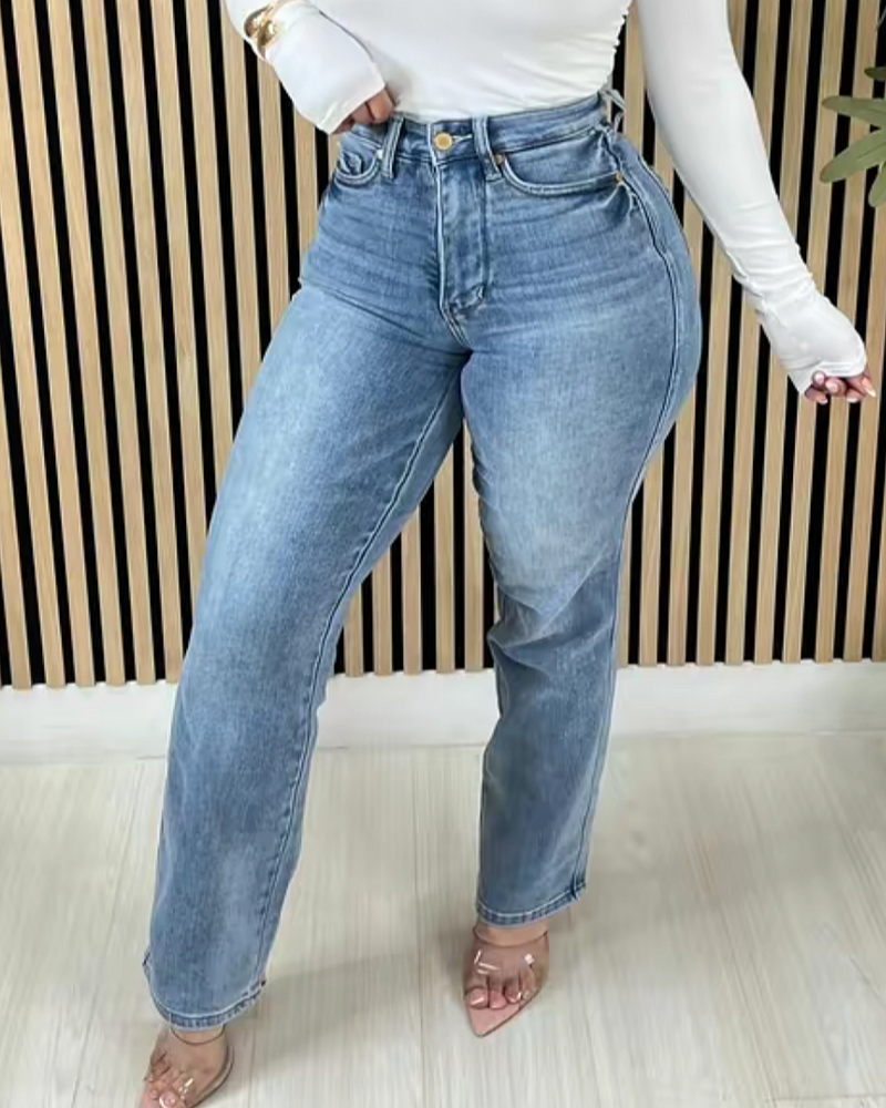 Stylish Washed High Rise Tummy Control Flared Jeans  - By Qivii