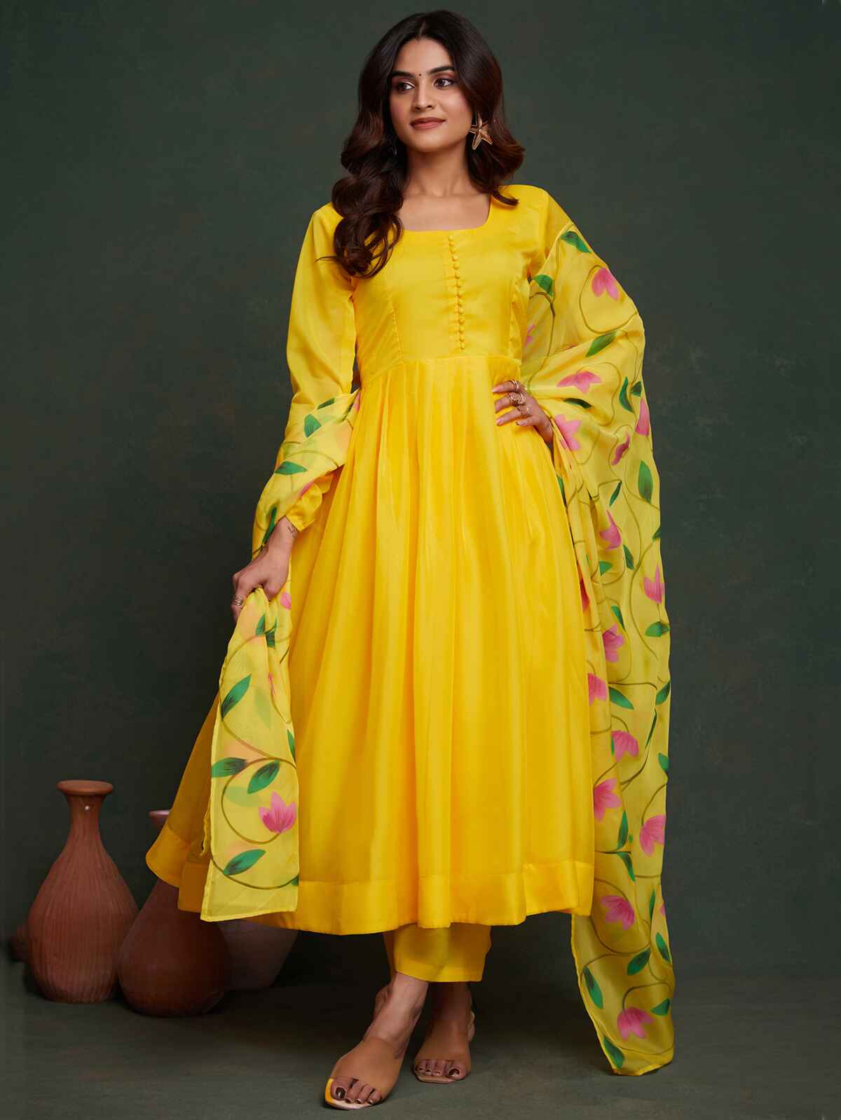 Beautiful Yellow Organza Haldi Wear Anarkali Suit With Dupatta for women's wedding attire