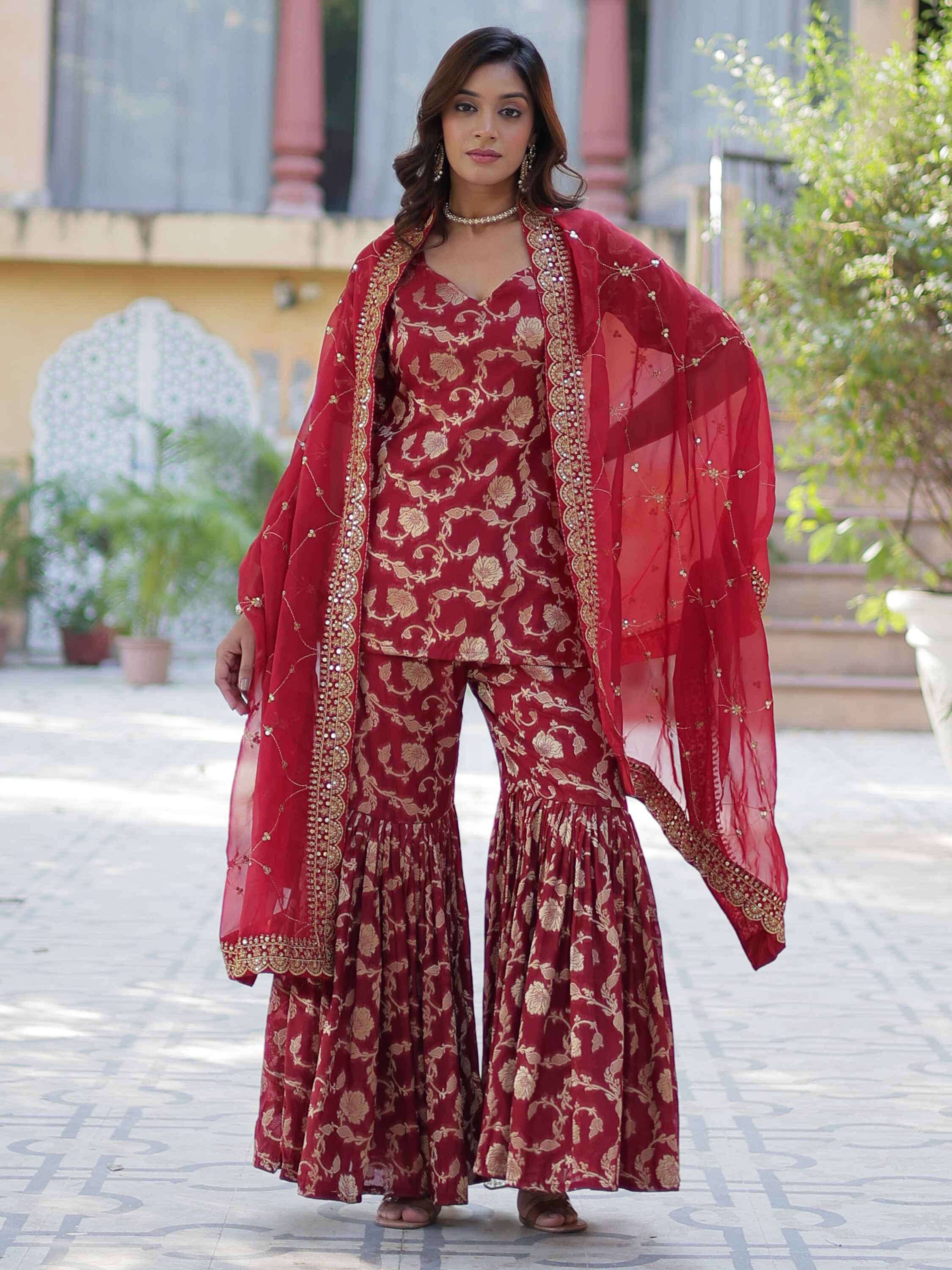 Maroon weaving jacquard sharara suit with intricate embroidery and perfect for events