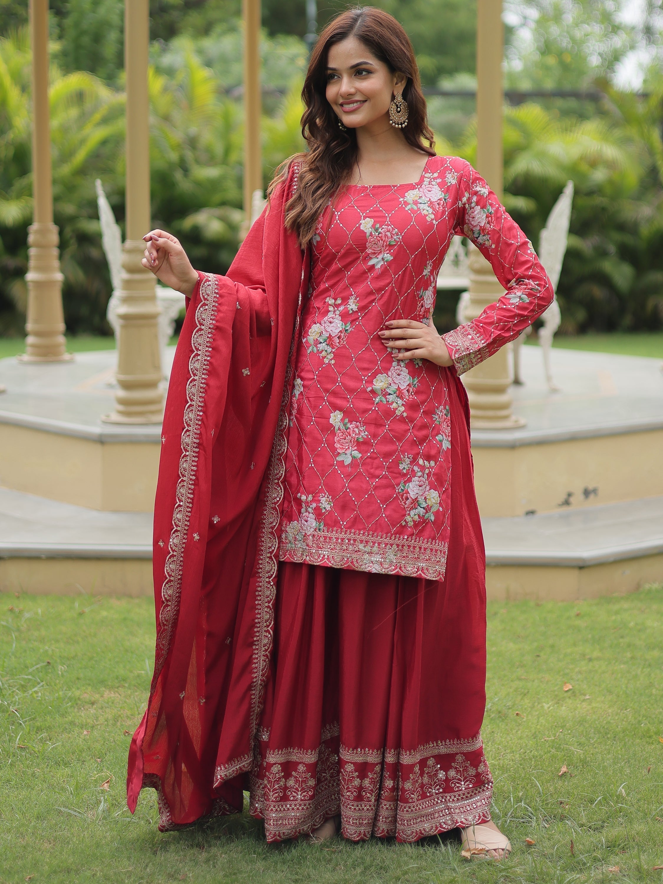 Incredible Maroon Sequins Chinon Festival Wear Palazzo Suit with intricate embroidery and elegant design for women