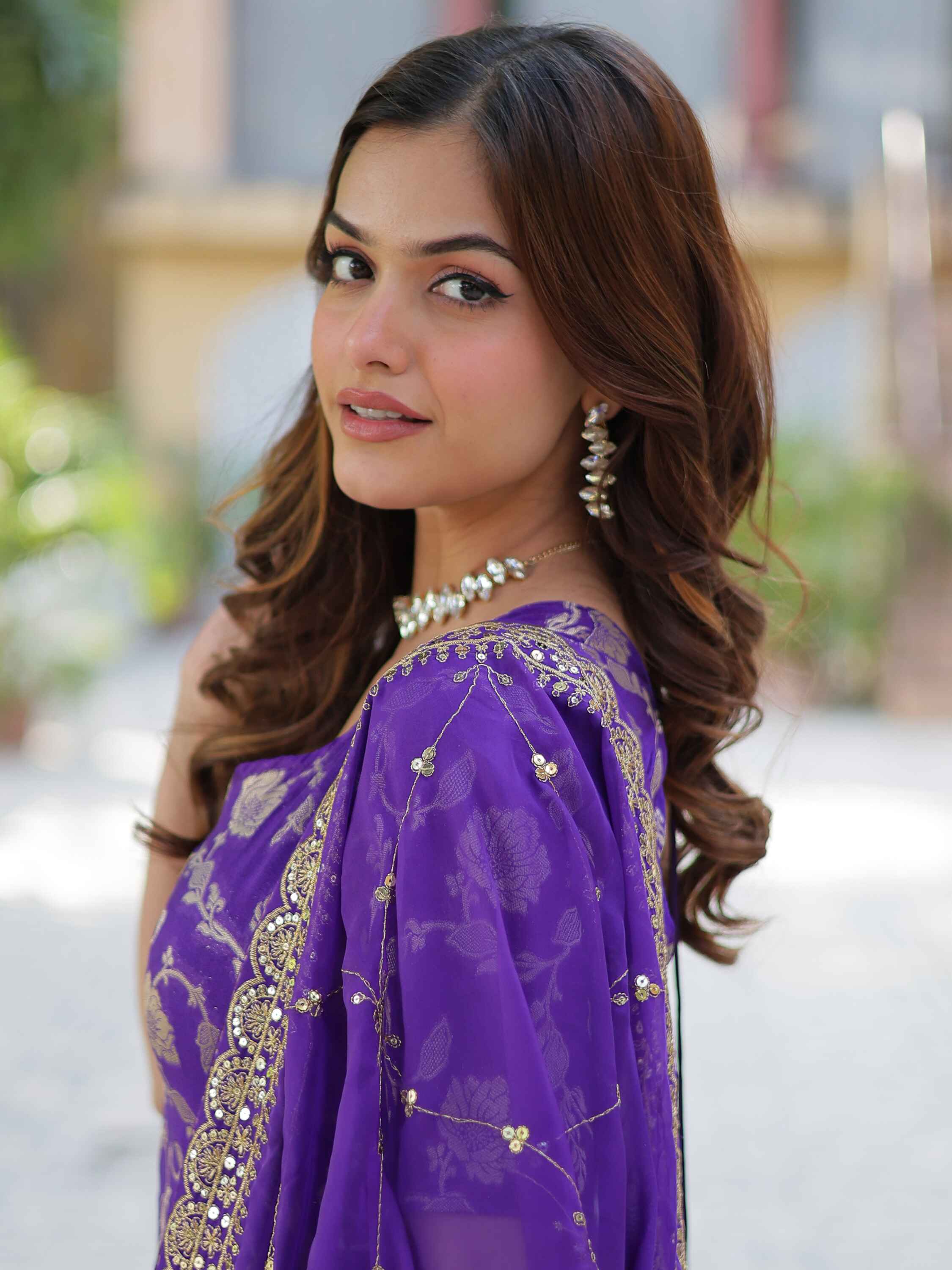 Intricately designed purple jacquard function wear sharara suit