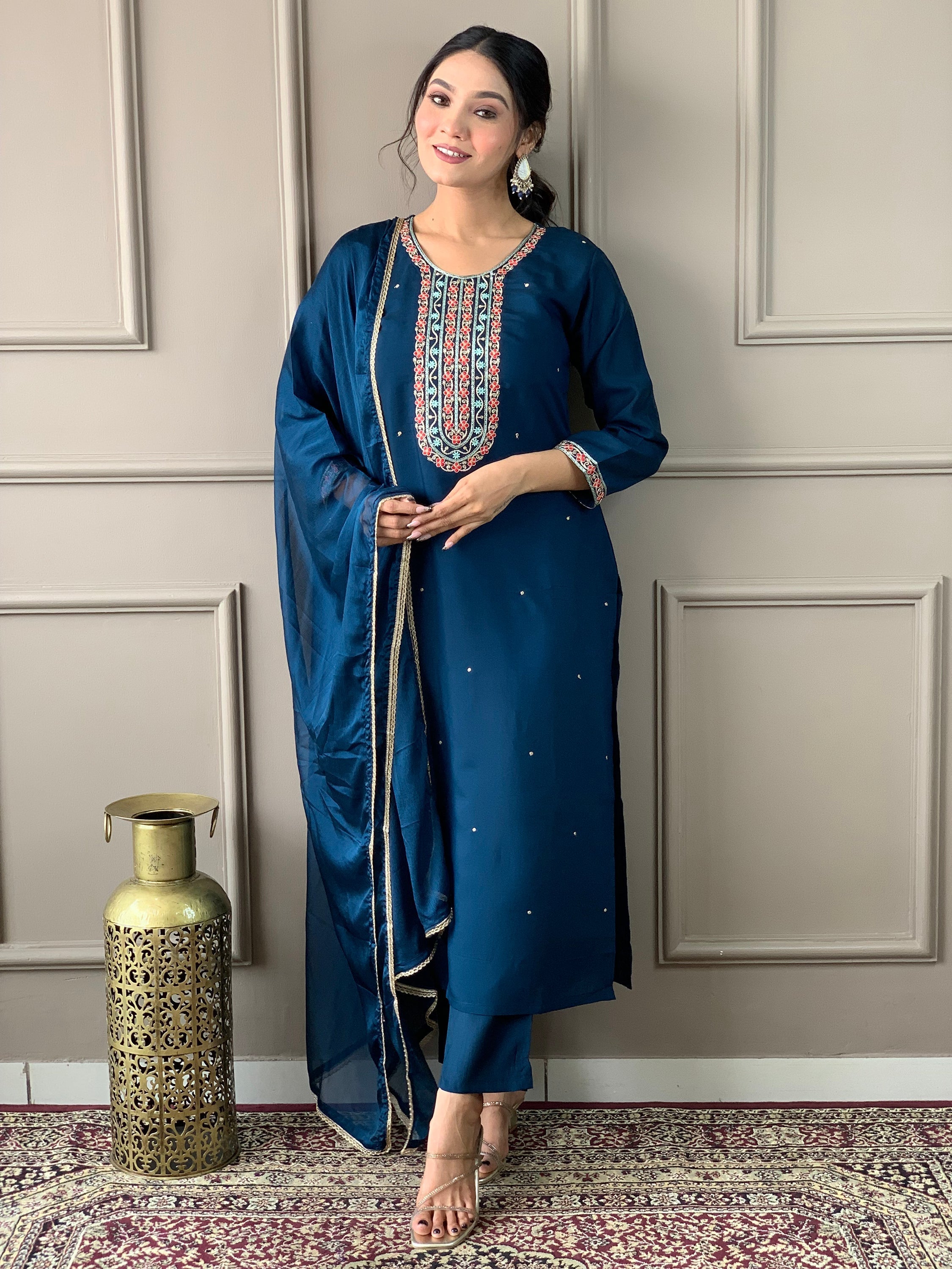 Adorable Blue Embroidered Chanderi Silk Pant Suit With Dupatta for women