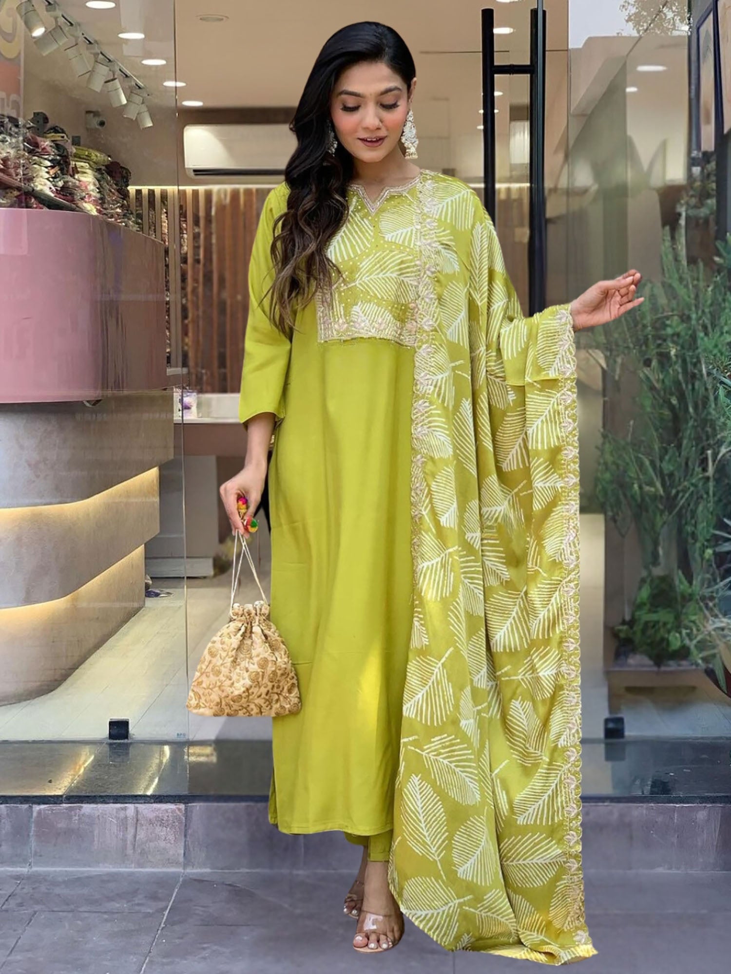 Lime green viscose pantsuit with digital prints and sequin lace border