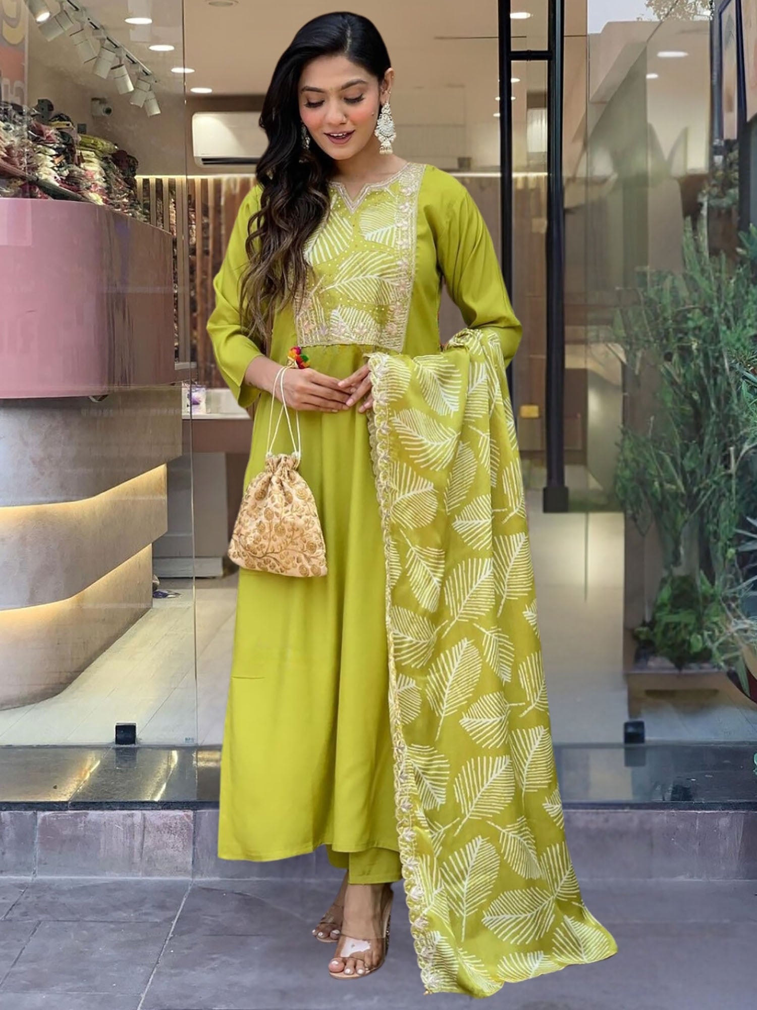 Fully stitched ensemble with matching viscose pants and crepe dupatta