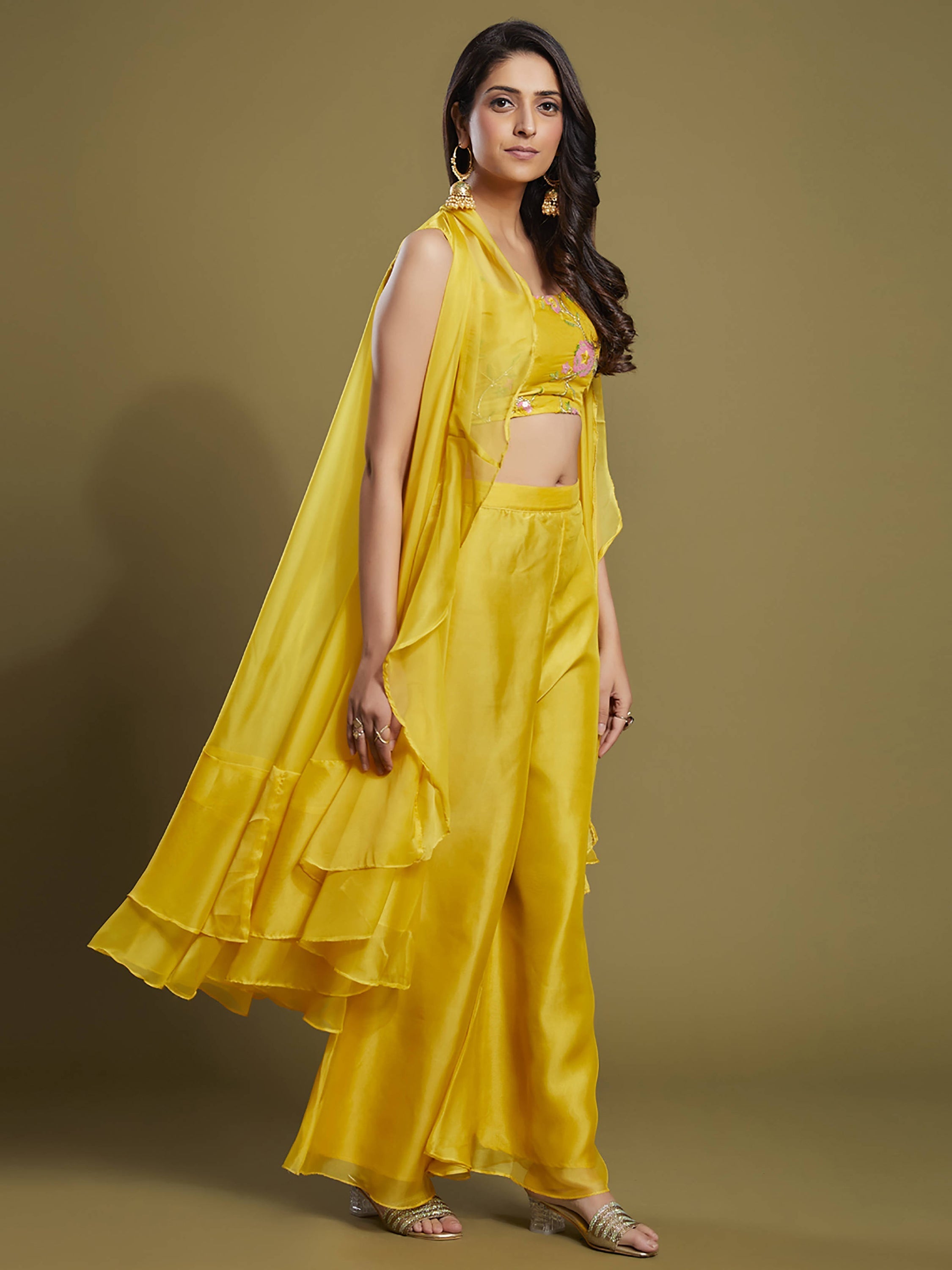 Beautiful yellow sequin organza palazzo jacket with matching blouse for women