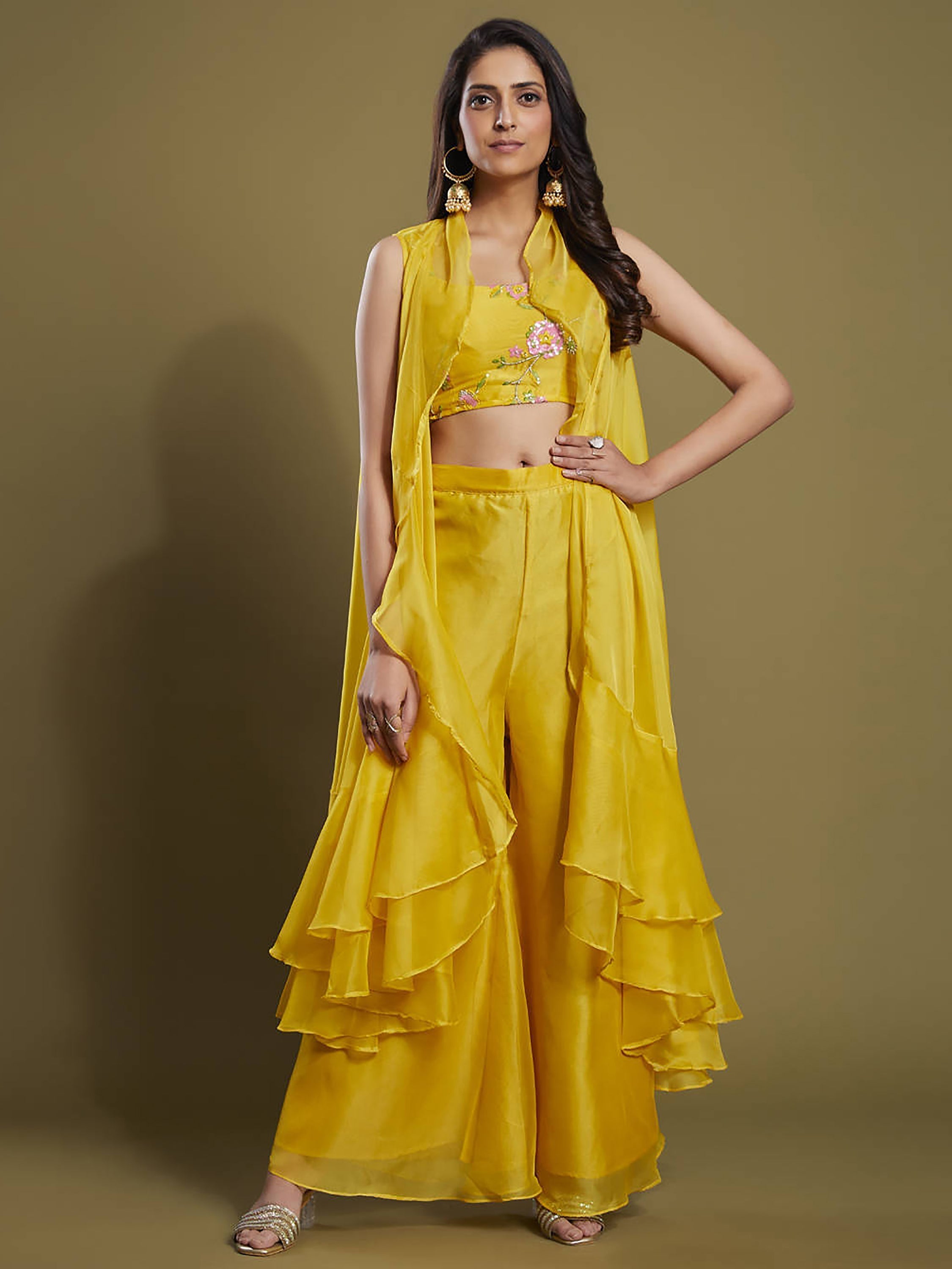 Beautiful yellow sequins organza palazzo jacket with matching blouse for women