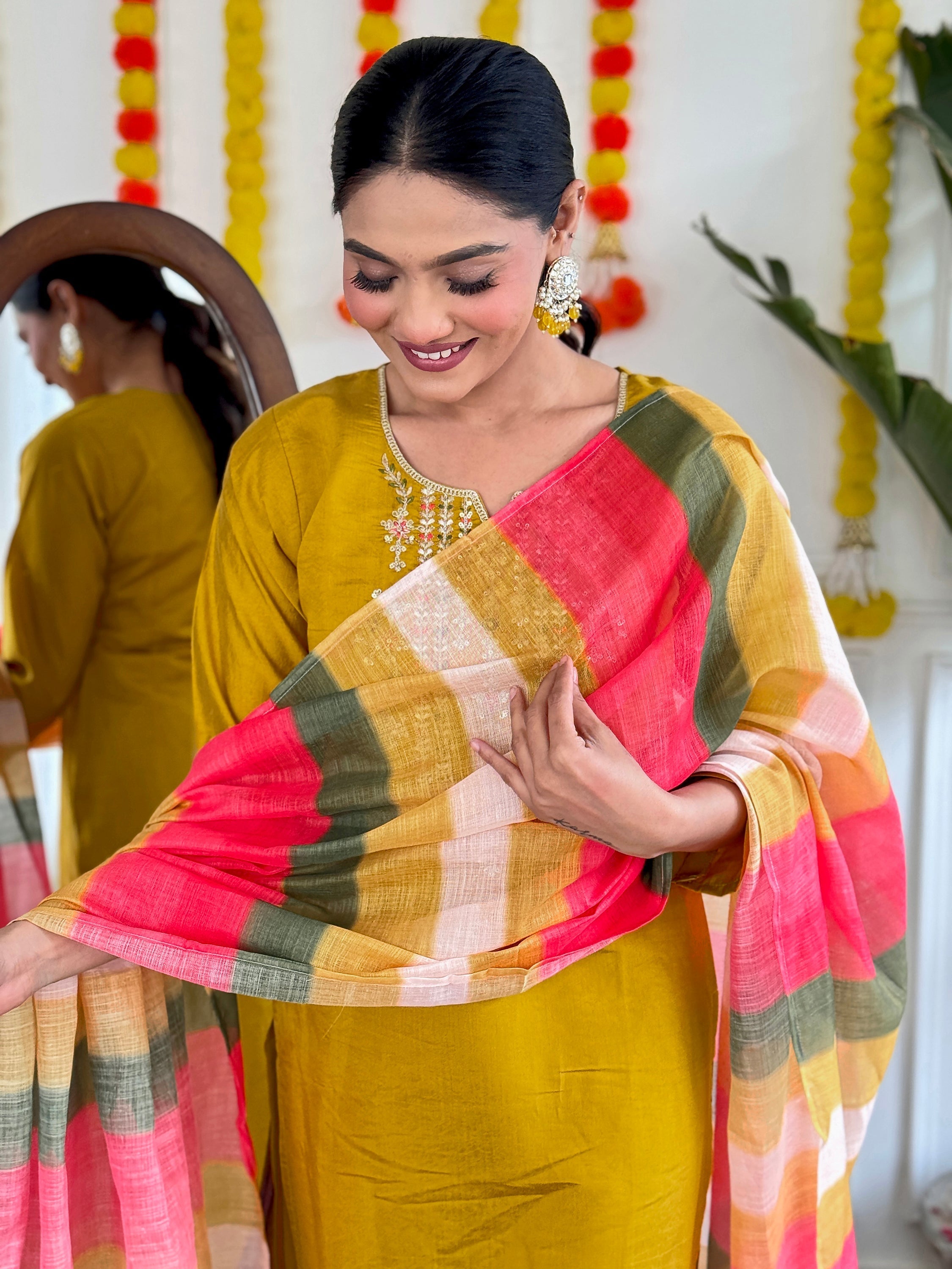 Mustard yellow sequins viscose pant suit for festival wear with fabulous design