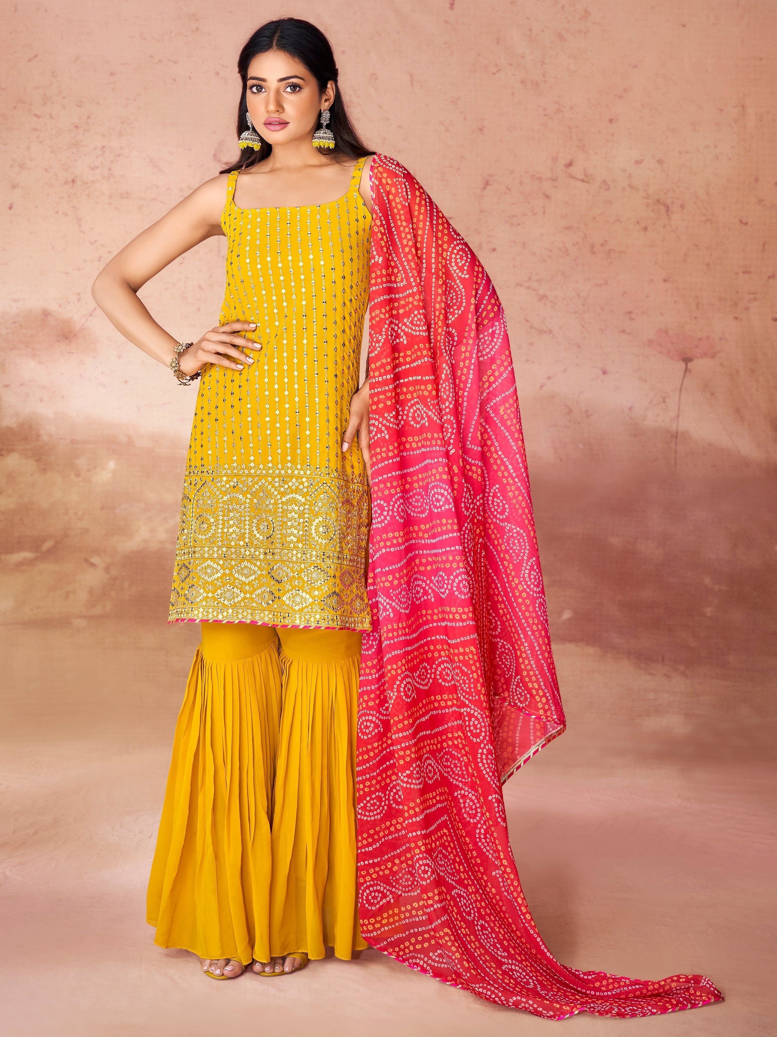 Marvelous Yellow Georgette Haldi Wear Sharara Suit With Dupatta alt text