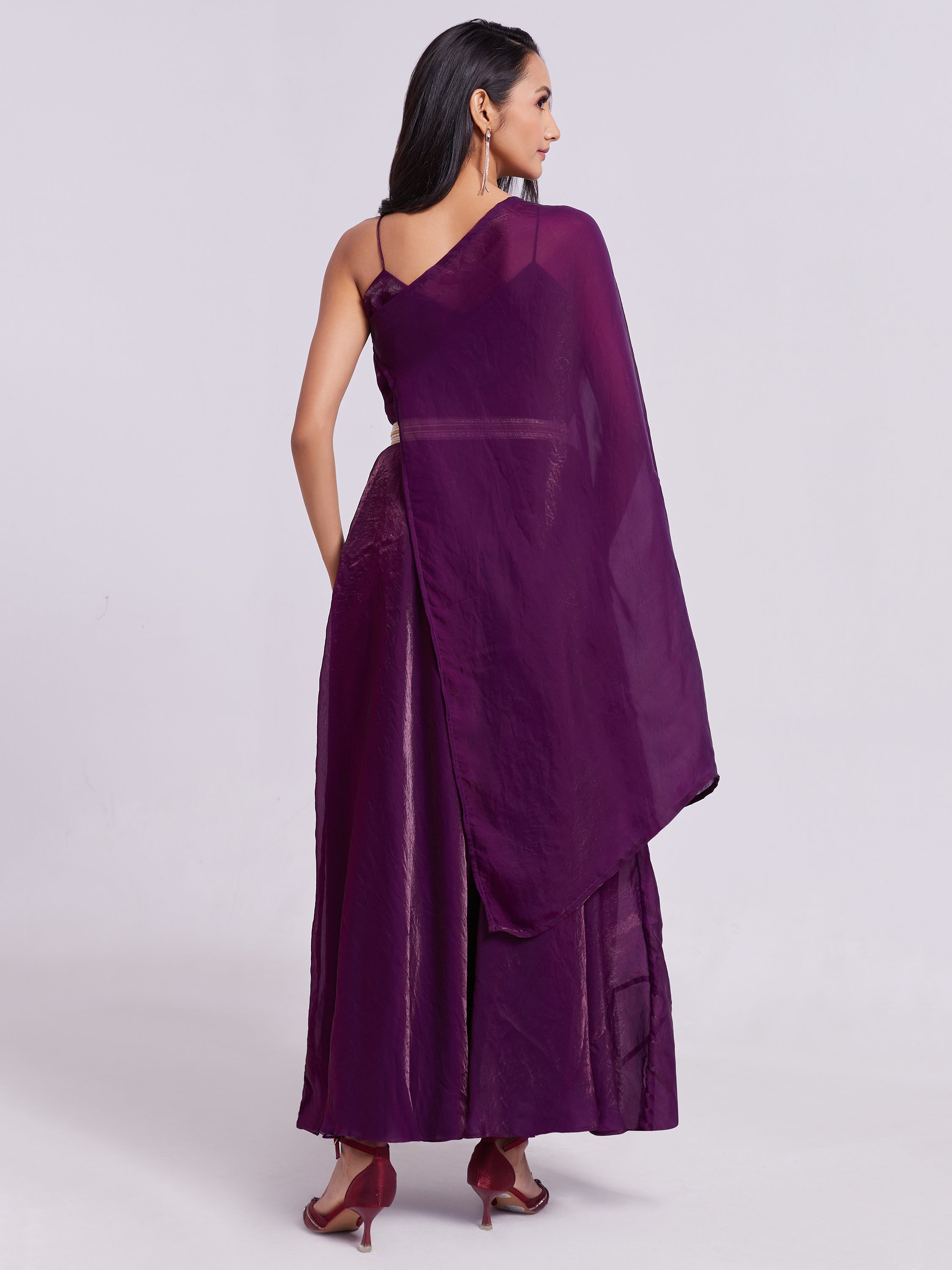 Beautiful wine-colored organza gown with matching dupatta for special events