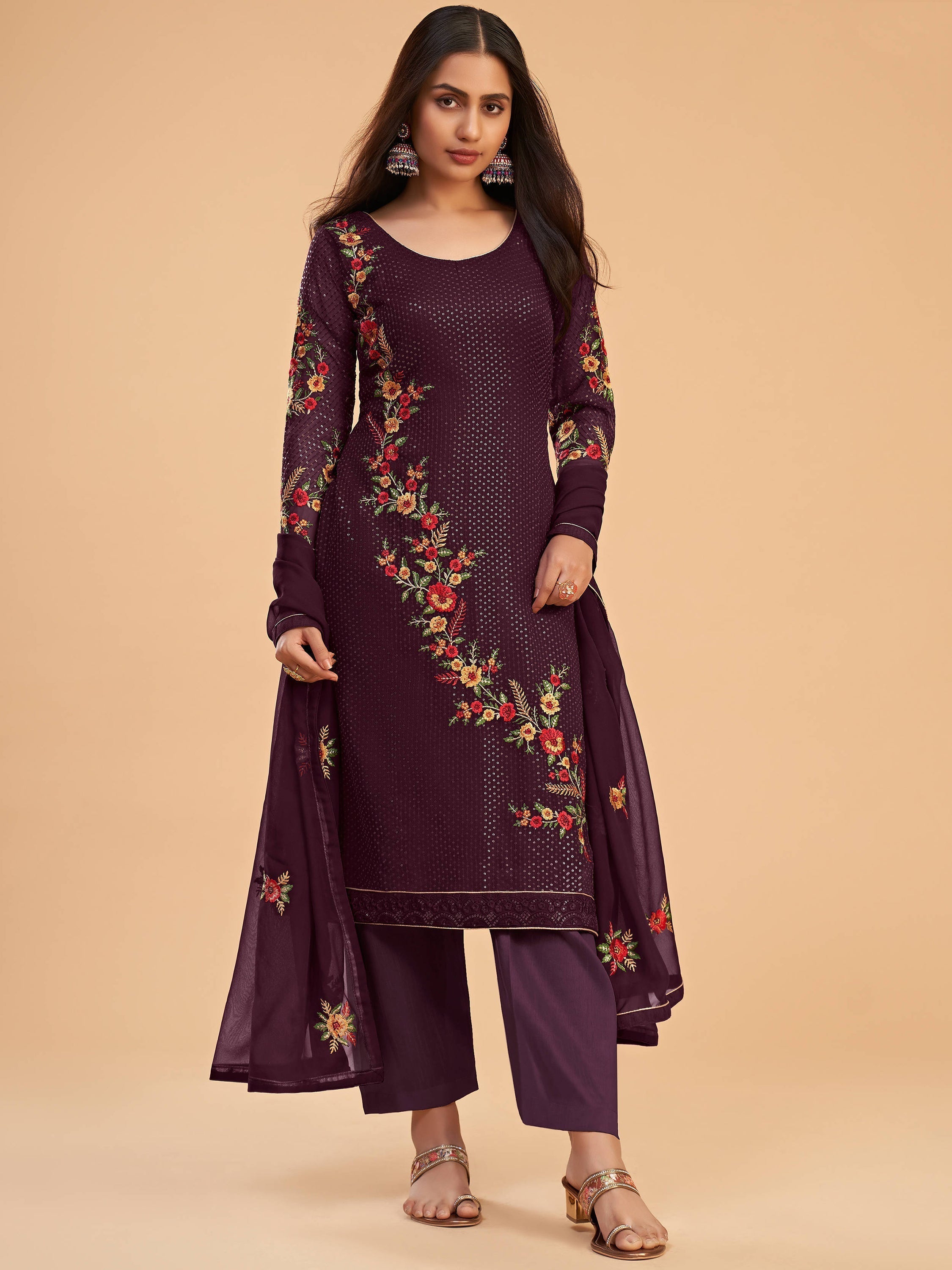 Semi-stitched wine suit with customization up to 50 inches bust and 48 inches length