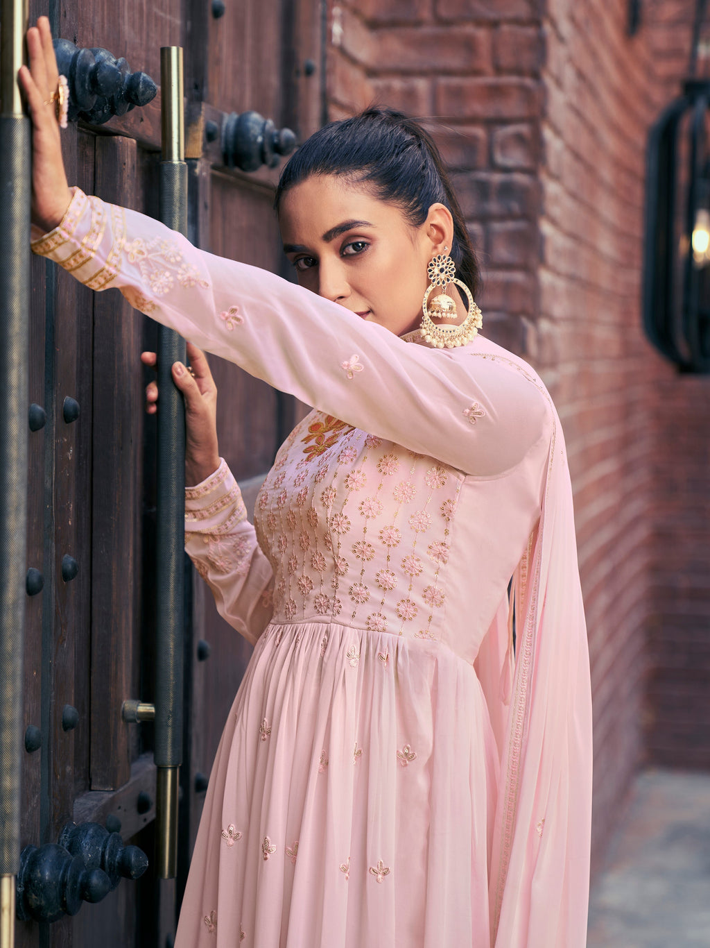 Pretty Baby Pink Embroidered Georgette Readymade Palazzo Suit with Floral Design