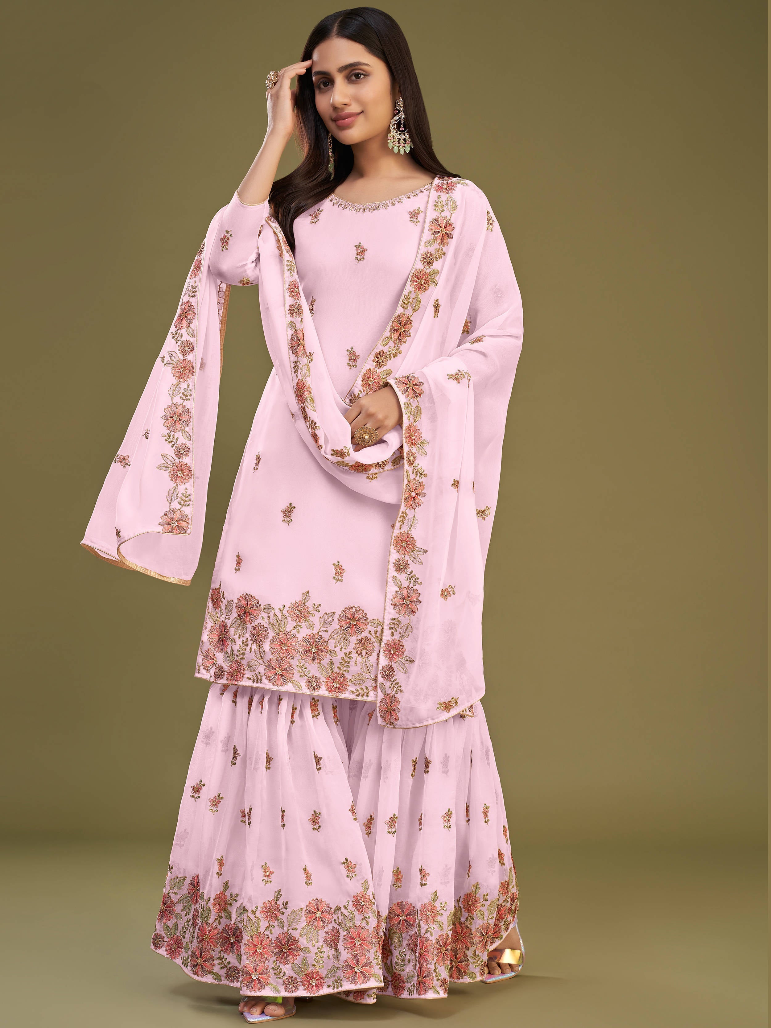 Alluring Pink Embroidered Georgette Party Wear Sharara Suits for Women