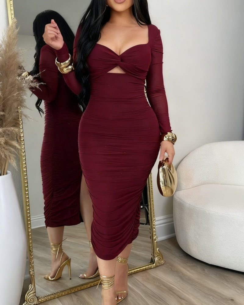 Glamorous Mesh Sleeves Cut out Ruched Bodycon Midi Dress  - By Qivii