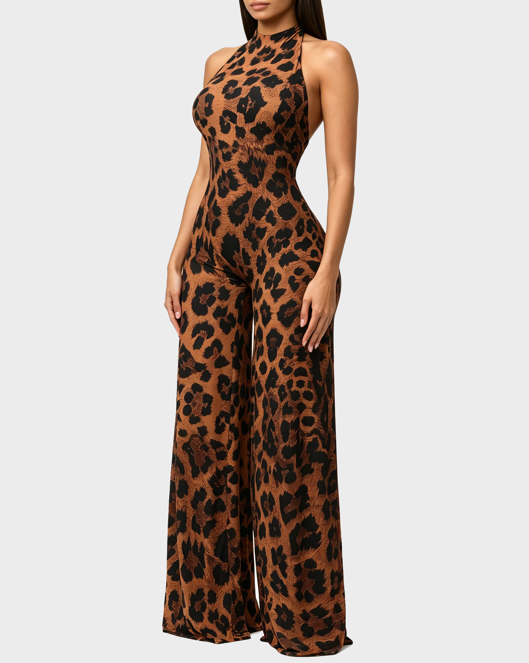 Leopard Print Halter Wide Leg Jumpsuit  - By Qivii