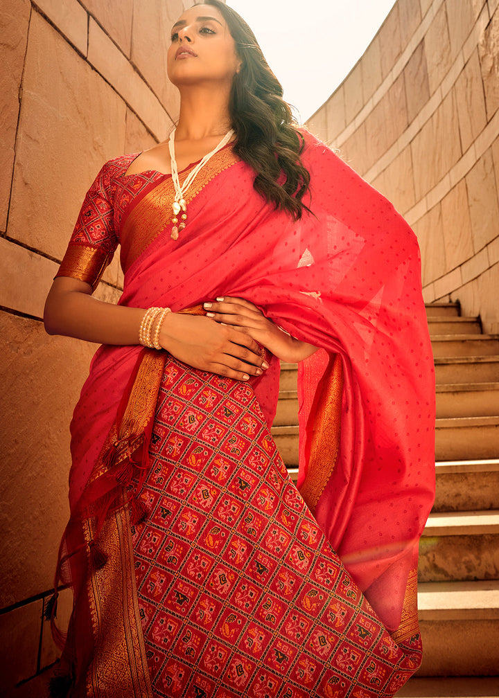 Pinkish Red Woven Patola Silk Saree