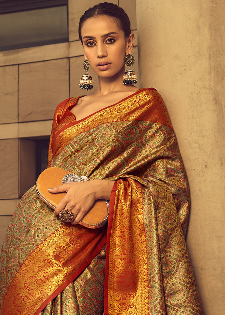 Reddish Orange Zari Woven Banarasi Silk Saree