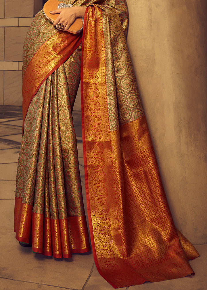 Reddish Orange Zari Woven Banarasi Silk Saree