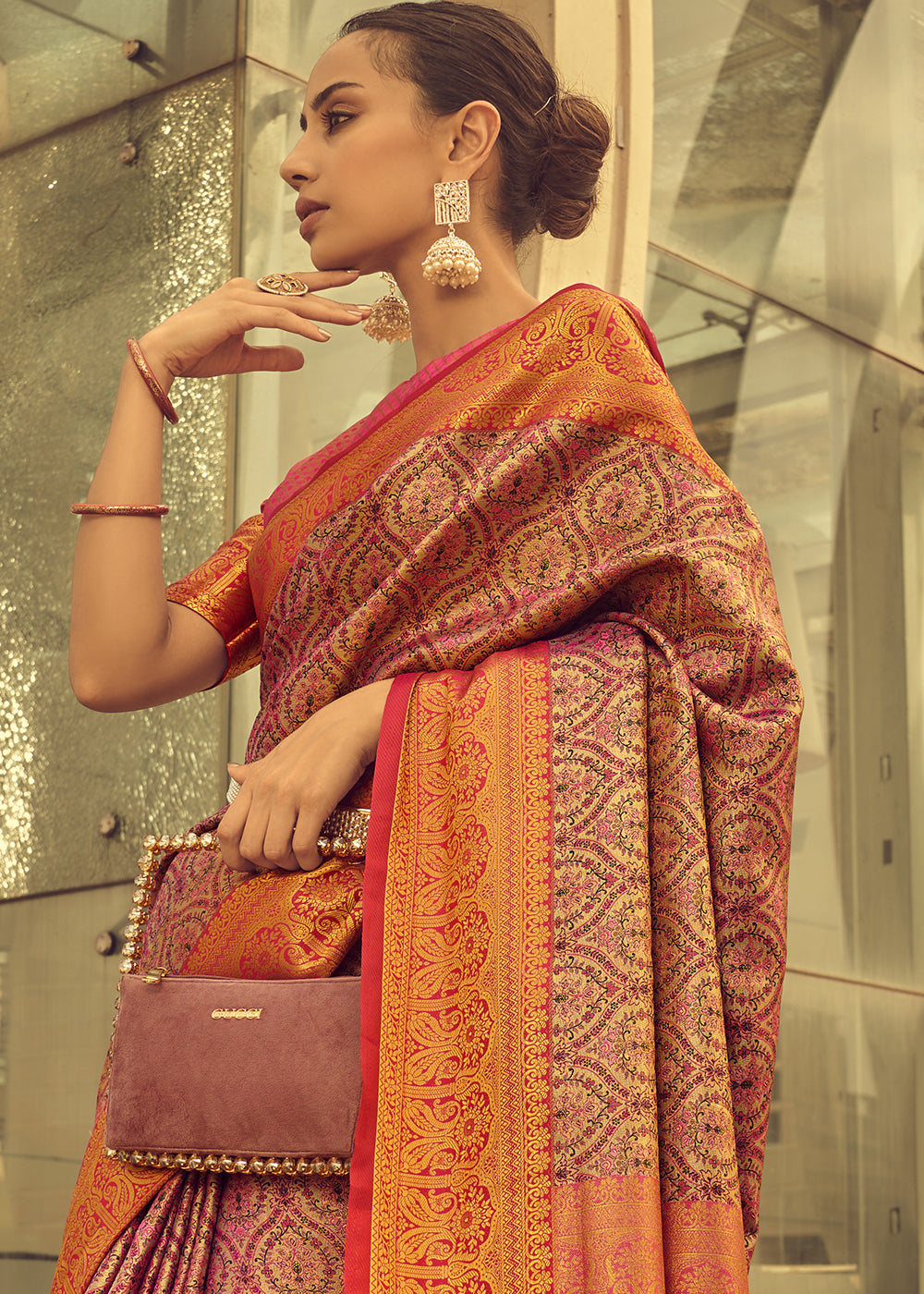 Pink & Purple Zari Woven Banarasi Silk Saree