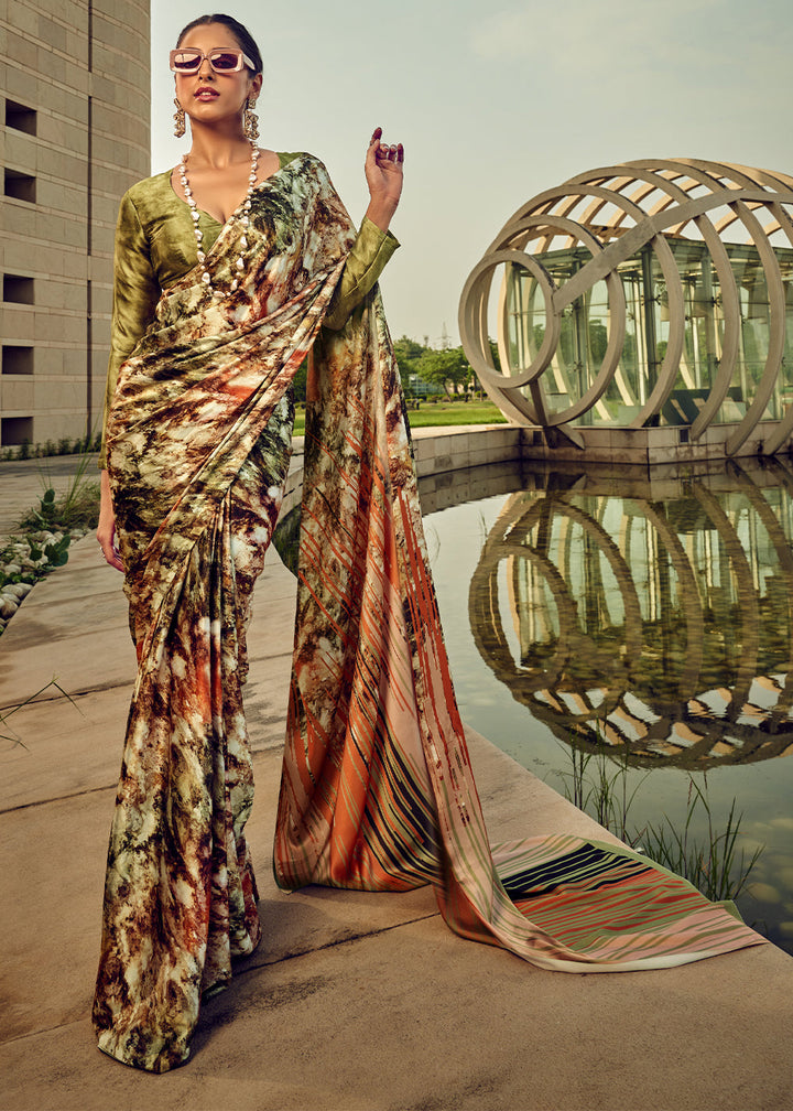 Beautiful avocado green digital printed satin silk saree with intricate detailing