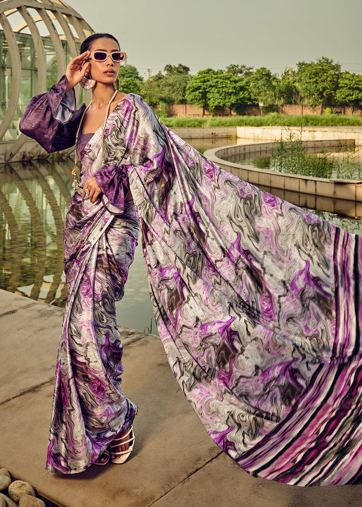 Shades Of Purple Digital Printed Satin Silk Saree