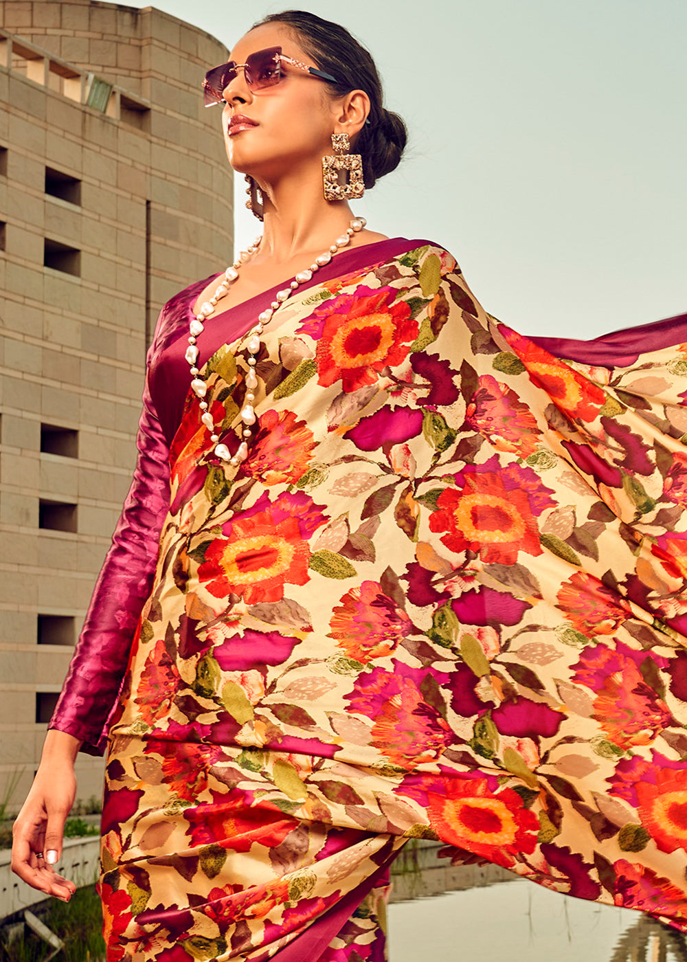 Beautiful pink and orange digital printed satin silk saree with intricate designs